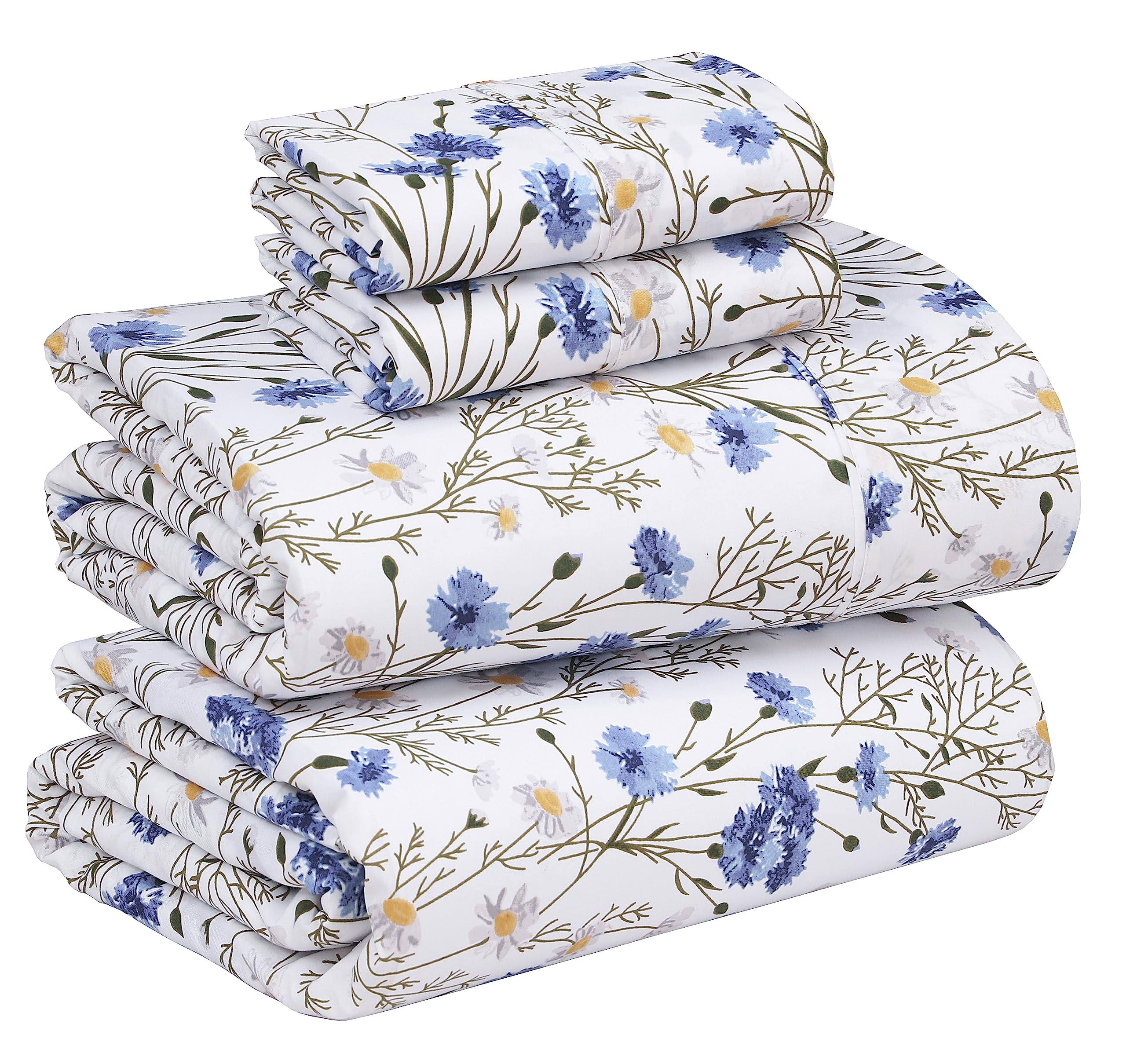 Ruvanti 100% Cotton Percale Sheets for King Size Bed - 16 Inches Deep Pocket Perfect Fitting - Crispy Cool & Comfortable - Blue