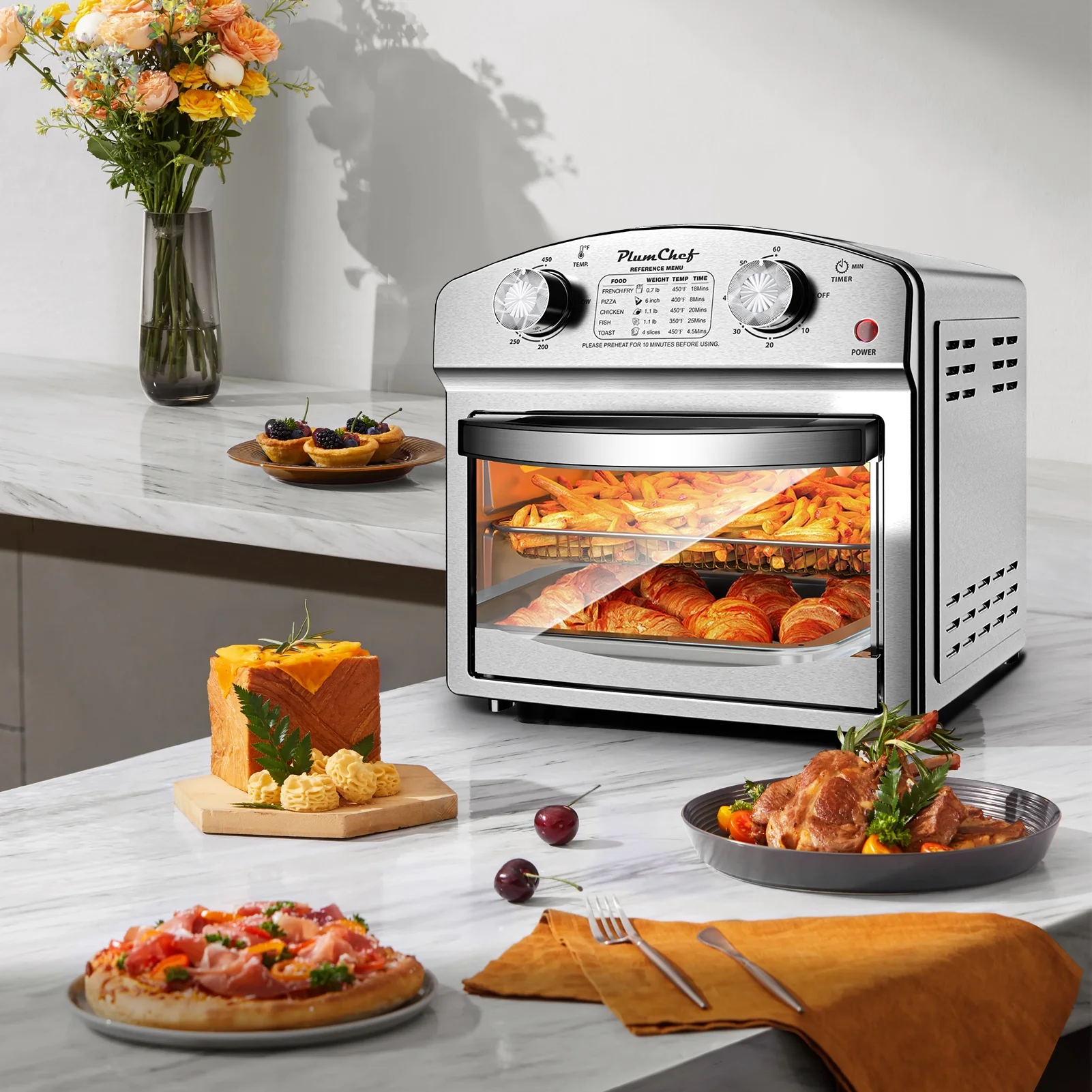 Plumchef 12 Quart 4 Slices Air Fryer Convection Toaster Oven, 1500W, 4 Cooking Modes, 7 in 1 Multifunction with Roast, Bake, Grill, Broil, Toast, Dehydrate, Defrost, Stainless Stee