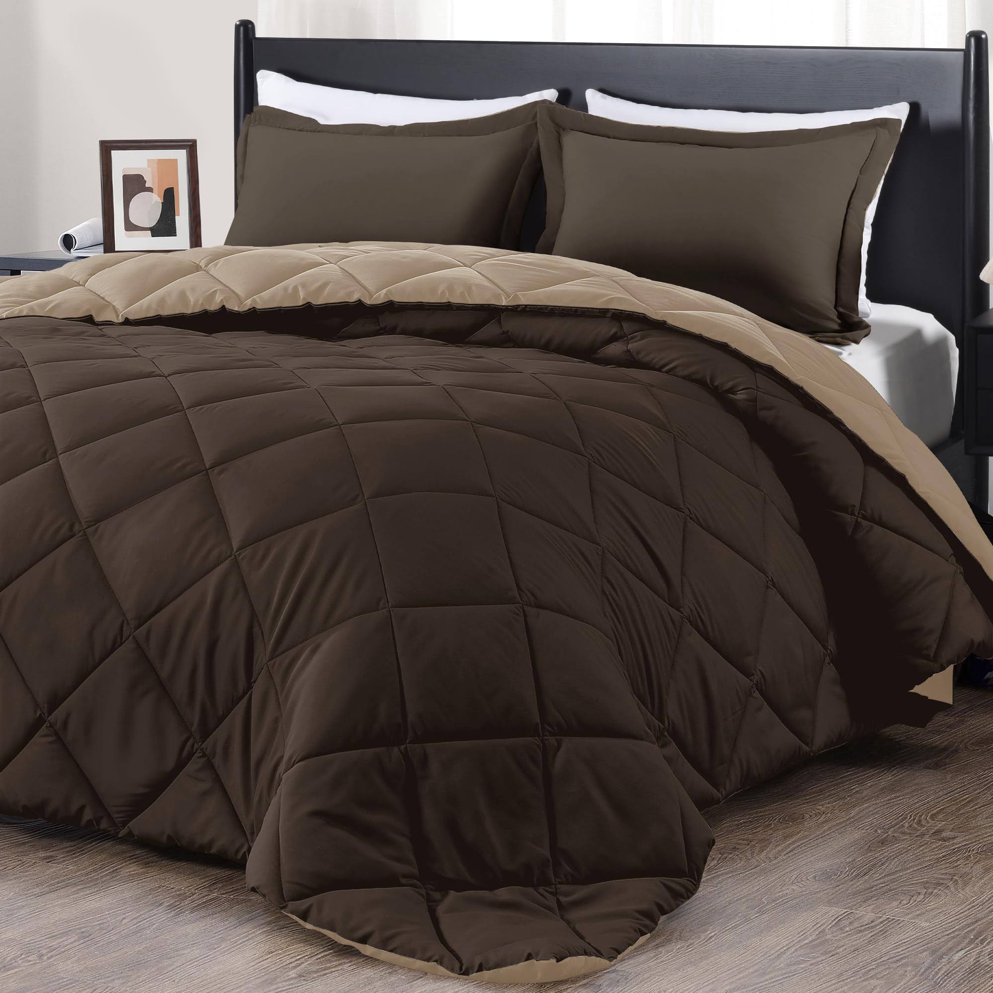 downluxe Lightweight Solid Comforter Set (King) with 2 Pillow Shams - 3-Piece Set - Brown and Tan - Down Alternative Reversible