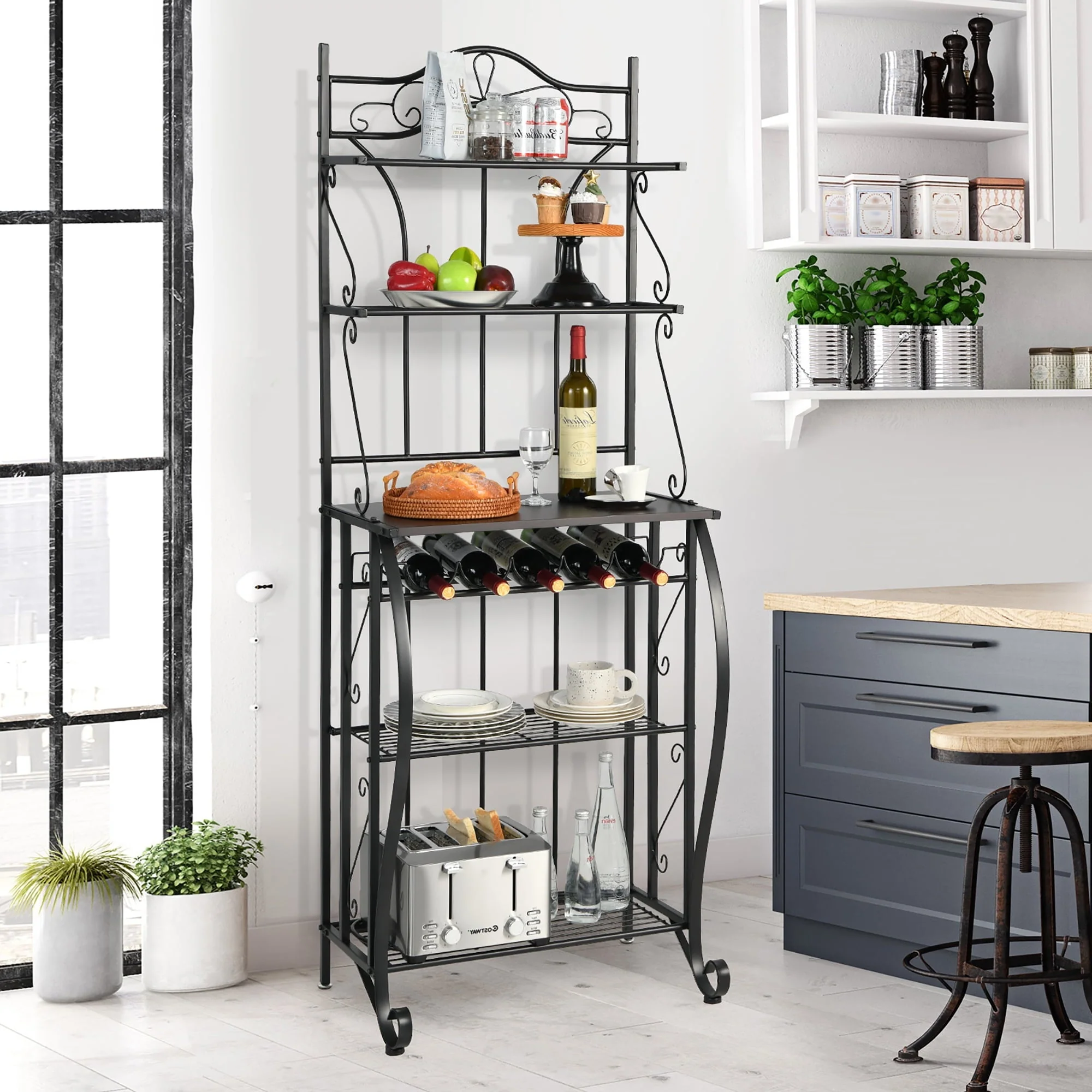 Costway 5 - Tier Metal Kitchen Bakers Rack Microwave Storage Rack Oven Stand with Wine Organizer