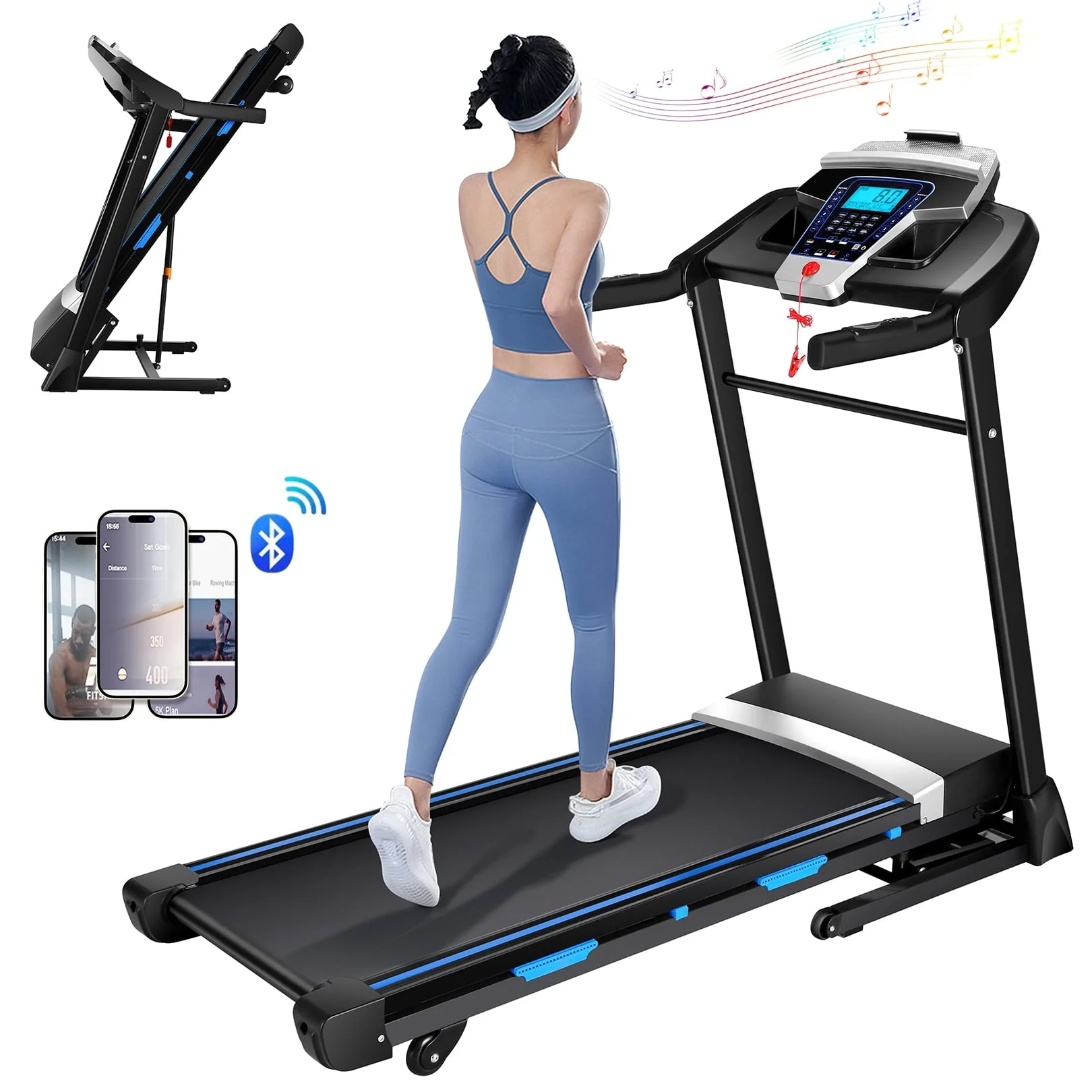 Tikmboex Folding Treadmill with 15% Auto Incline 9.0 Mph Speed 12 Preset Program, Strong 3.25HP Motor Running Machine for Cardio Fitness, Black 300 lb