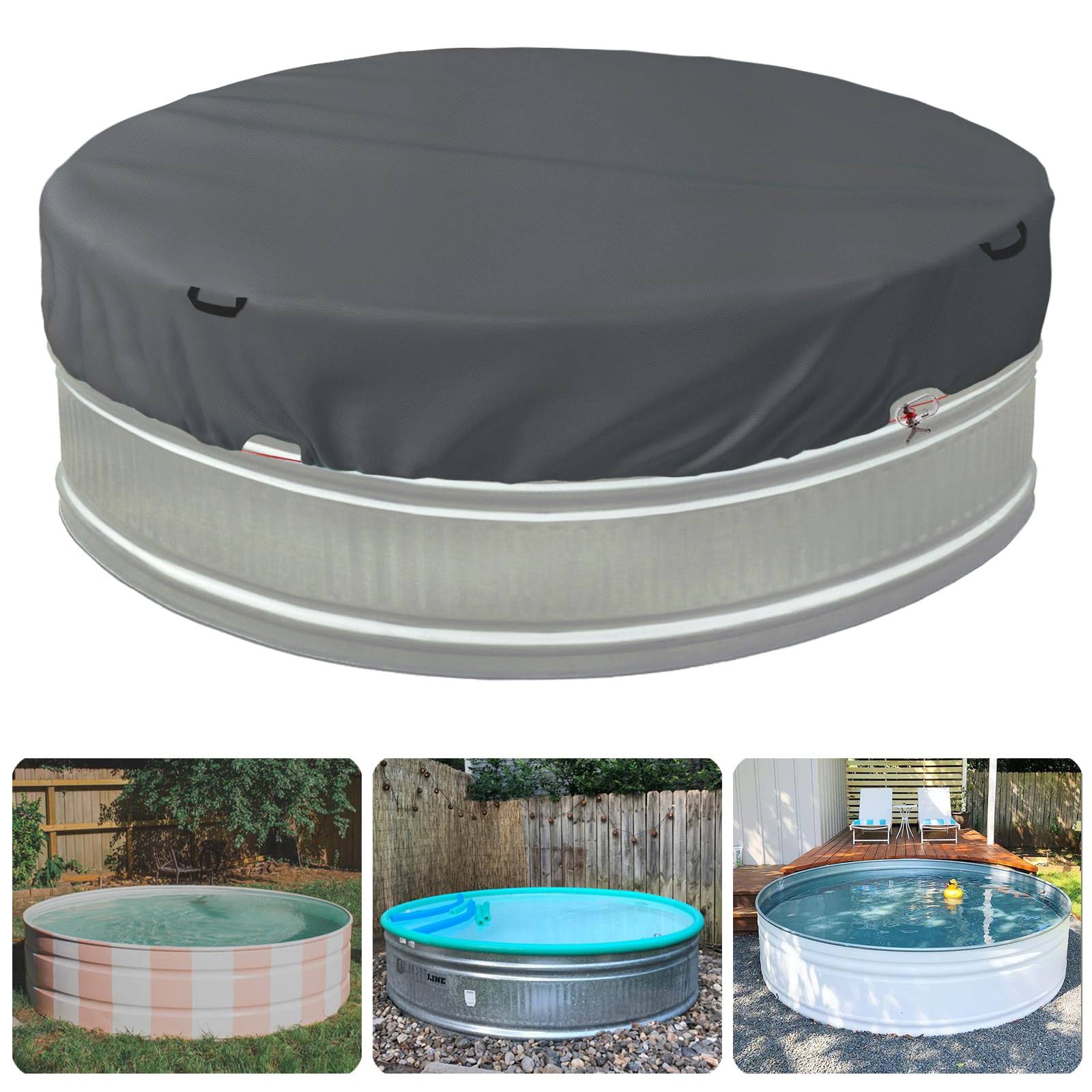 Bitubi 9-10 ft Steel Round Stock Tank Pool Cover,Upgraded with Wire Rope & Winch Fixed Increase Stability(Grey)