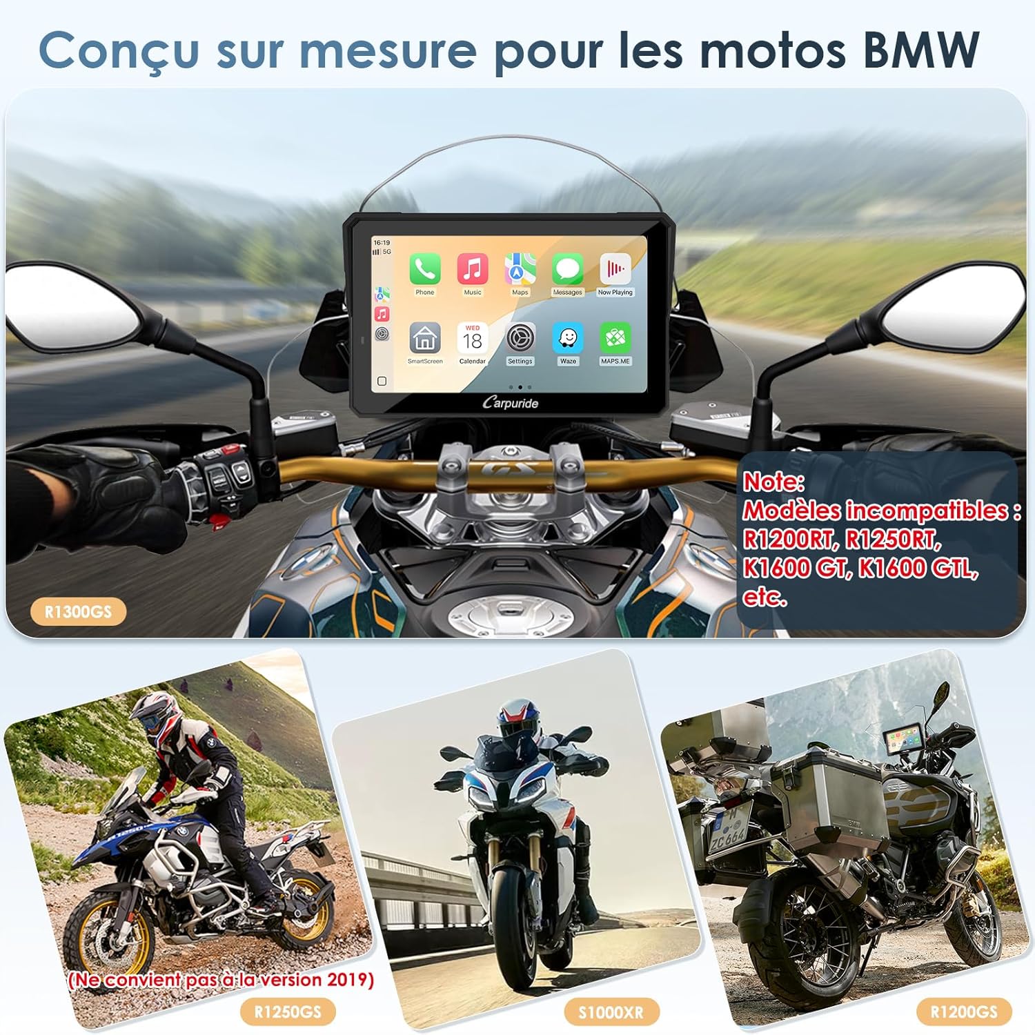 Écran moto CarPlay W702BS Pro 7 pouces étanche tactile double Bluetooth interphone données lecture