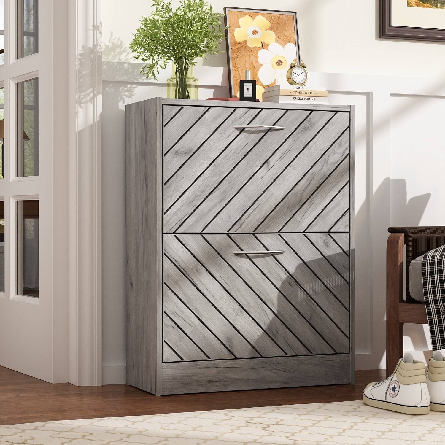 Timechee 8 Pair Shoe Storage Cabinet with 2 Drawers, Wood Color Grey, Size: 22.4, Gray