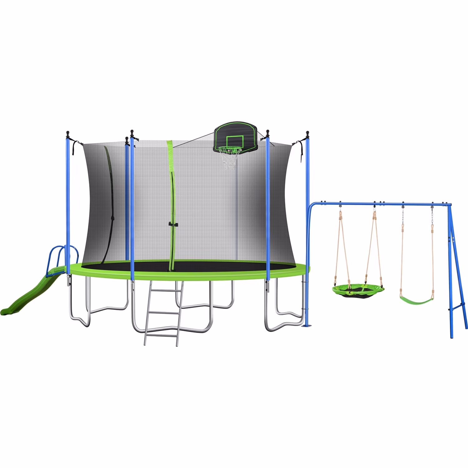 12FT Trampoline for Kids & Adults, Recreational Trampoline with Slide & Swing & Basketball Hoop & Enclosure Net, 600 lb Capacity for 4 - 5 Kids