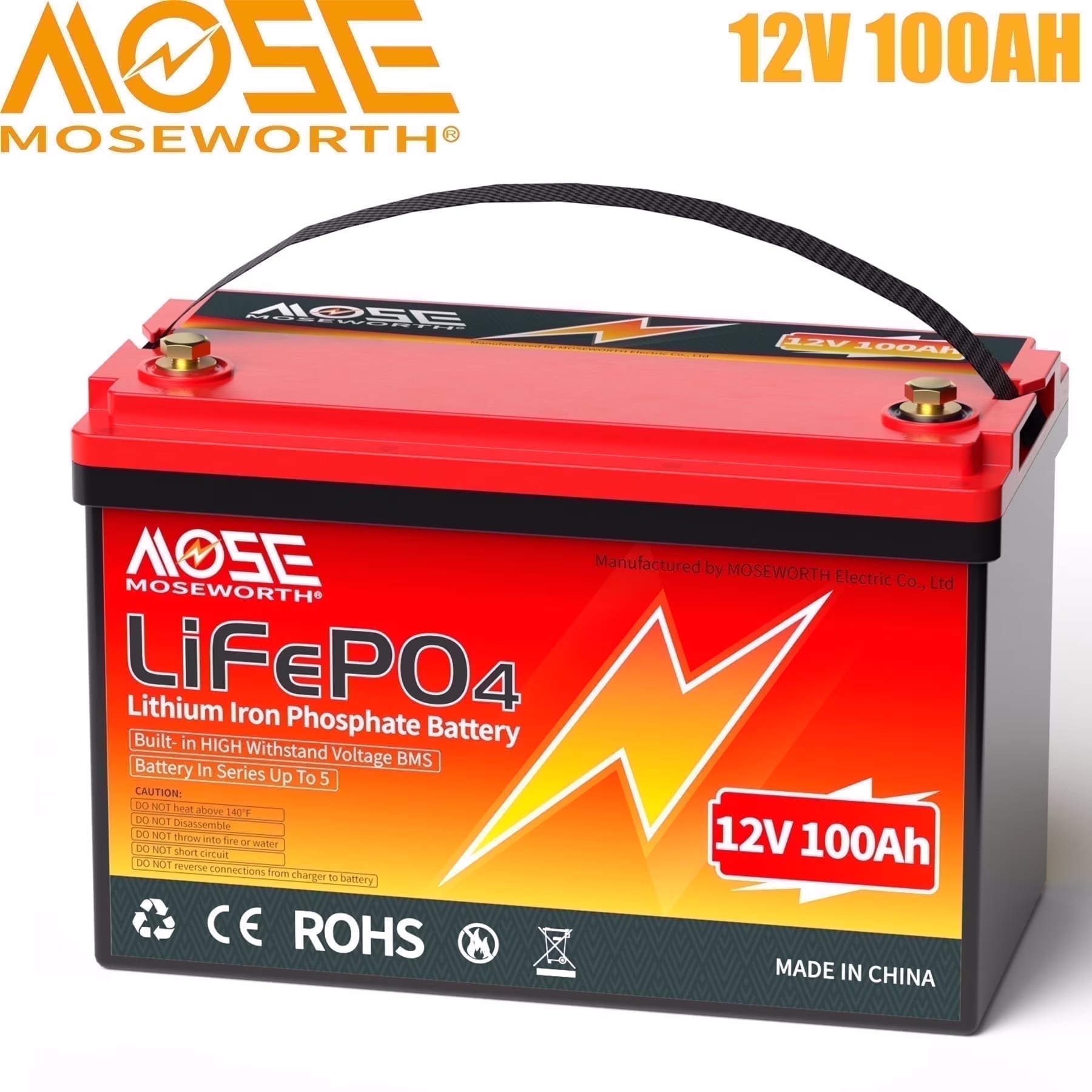 12V 100ah LiFePO4 Battery, MOSEWORTH Lithium Battery for RV, Solar, Marine, Trolling Motor, Backup Power, 15000+Deep Cycles, 100A BMS, Group 31 Battery