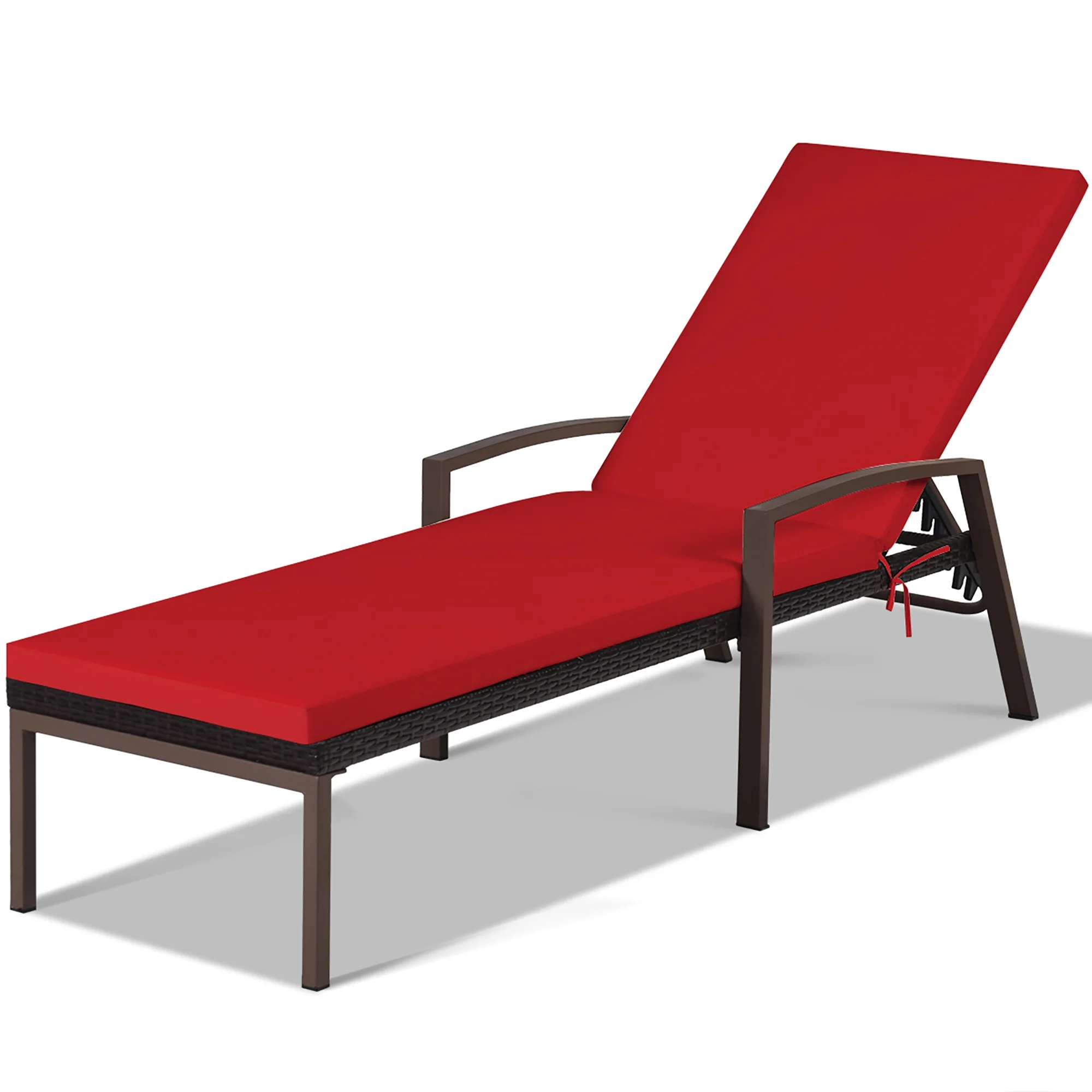 Costway 2PCS Patio Rattan Lounge Chair Chaise Recliner Back Adjustable Cushioned Red