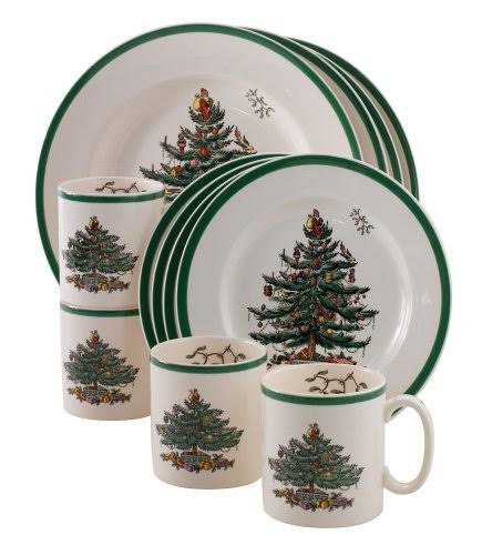 Spode Christmas Tree 12-Piece Dinnerware Set, White/Green
