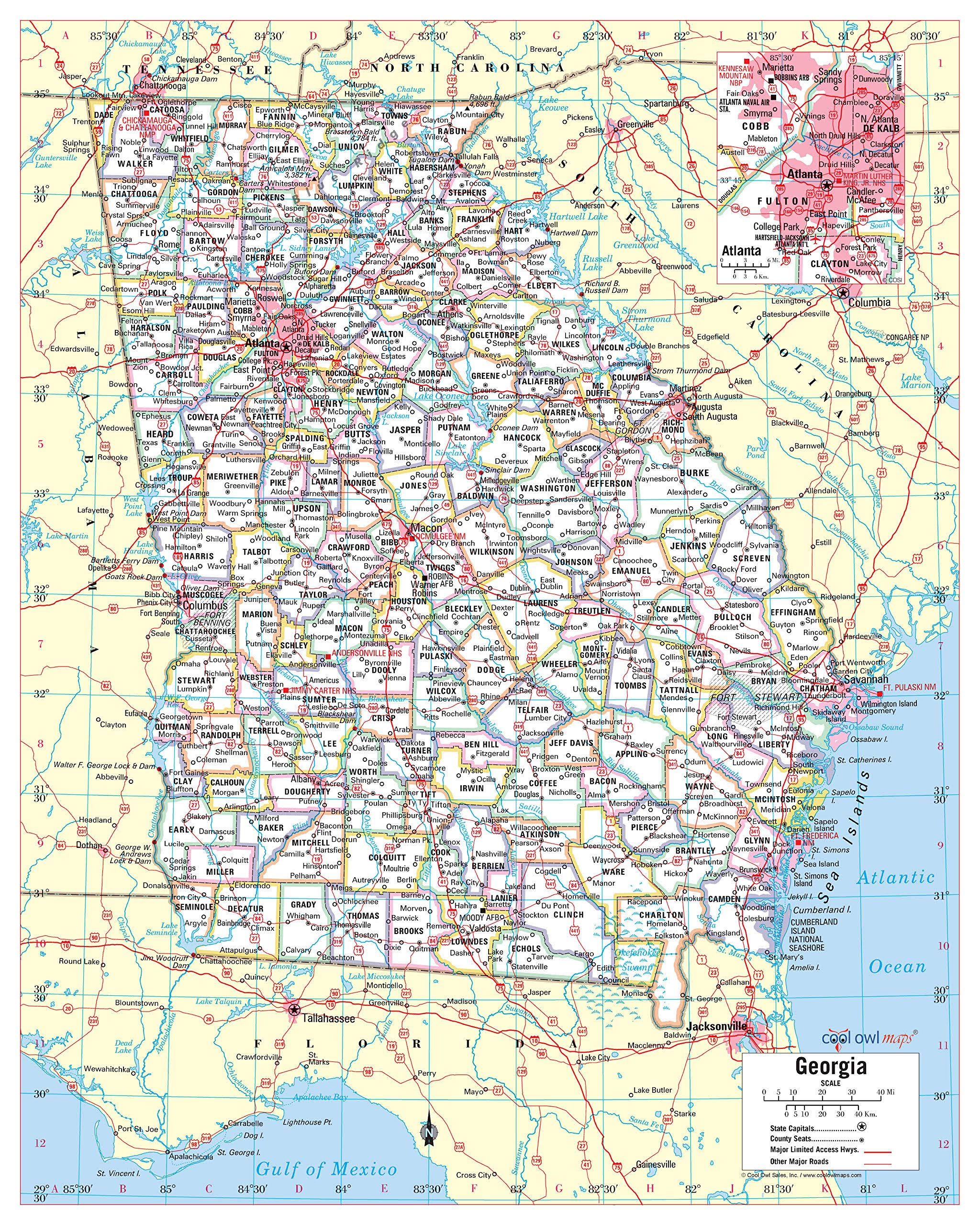 Cool Owl Maps Georgia State Wall Map Poster Rolled 24