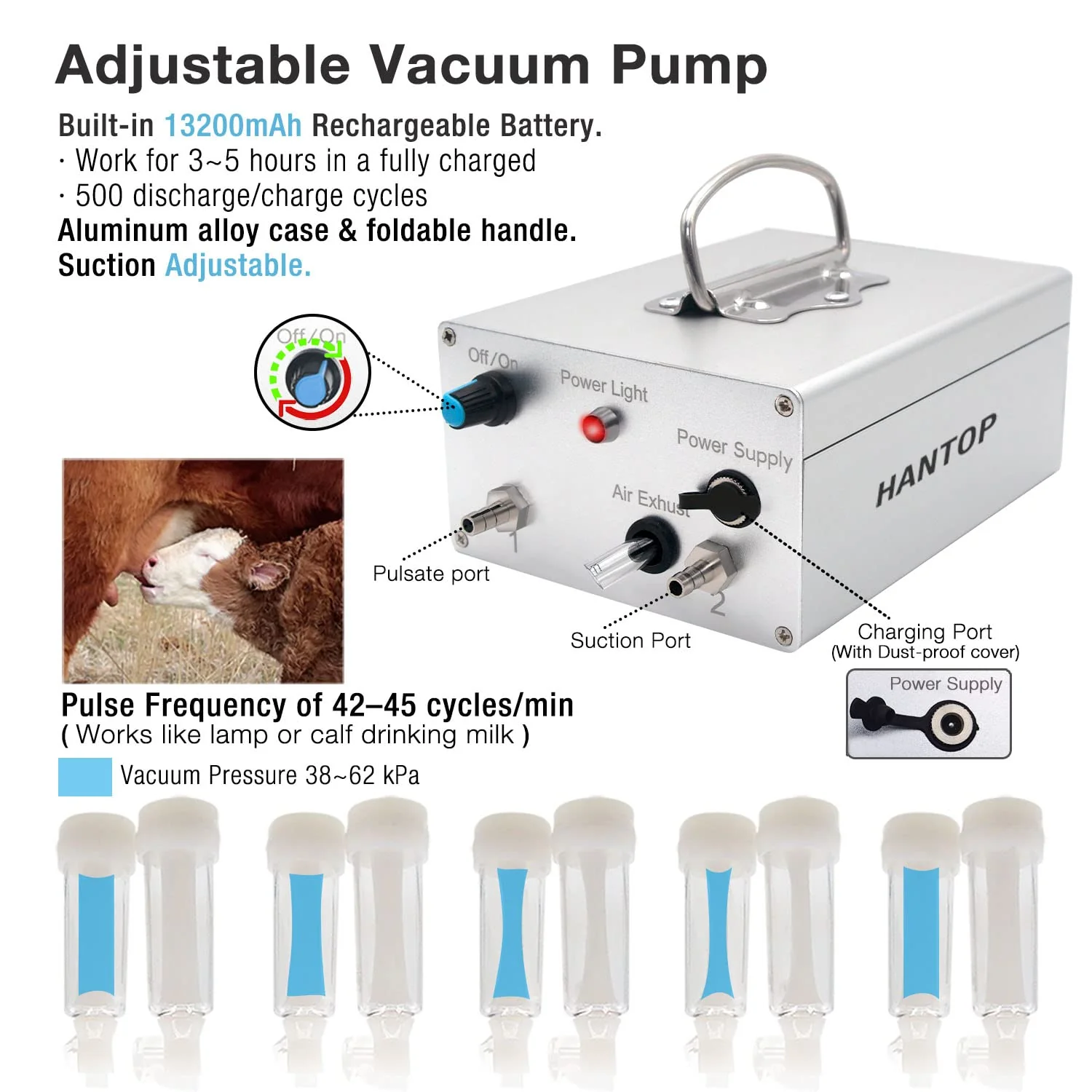 Hantop 6L Goat Milking Machine. Adjustable Vacuum Pump