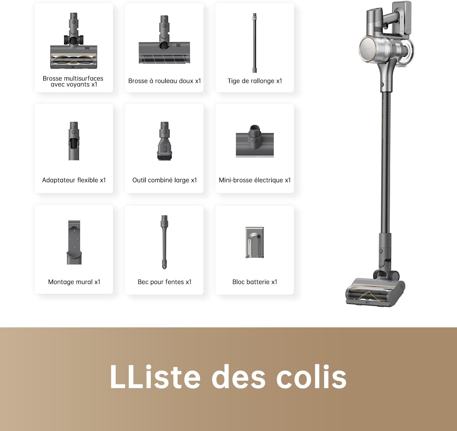 Aspirateur balai sans fil R20 22000Pa 190AW autonomie 90 min détection saleté LED lumières bleues anti emmêlement