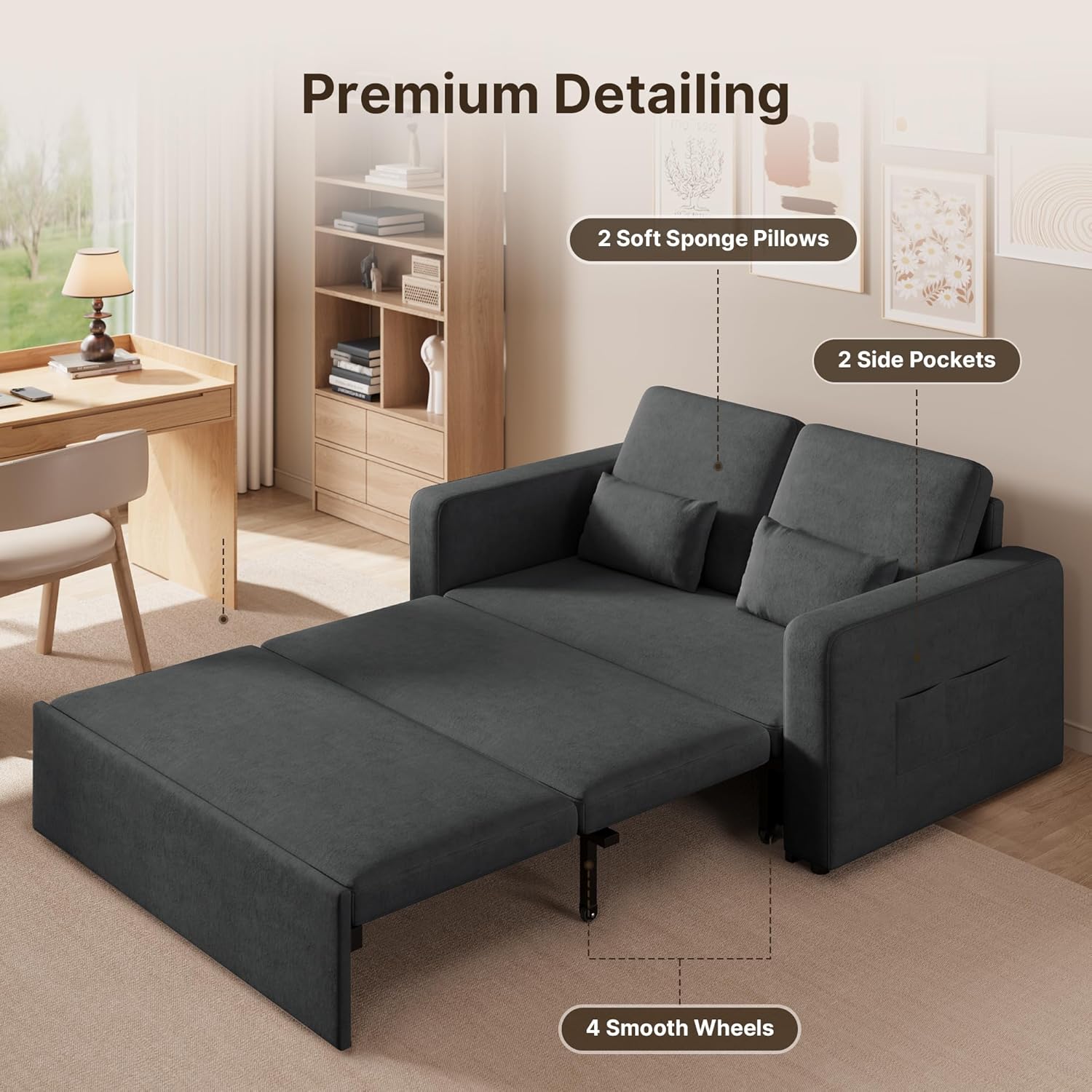 Canapé lit 2 places convertible 147 x 196 x 87 cm velours gris foncé
