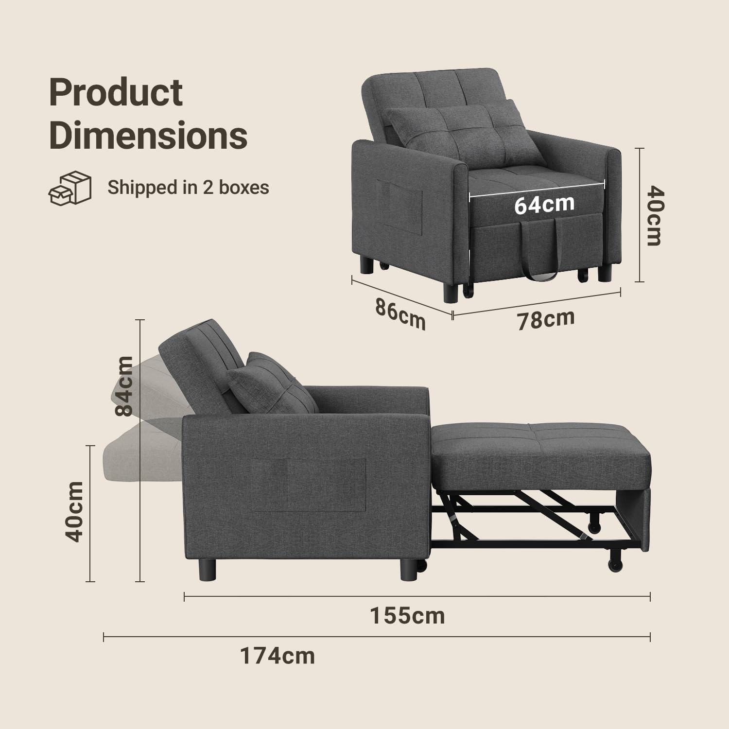 Fauteuil chauffeuse 1 place 3 en 1 convertible lit coussin sac gris foncé
