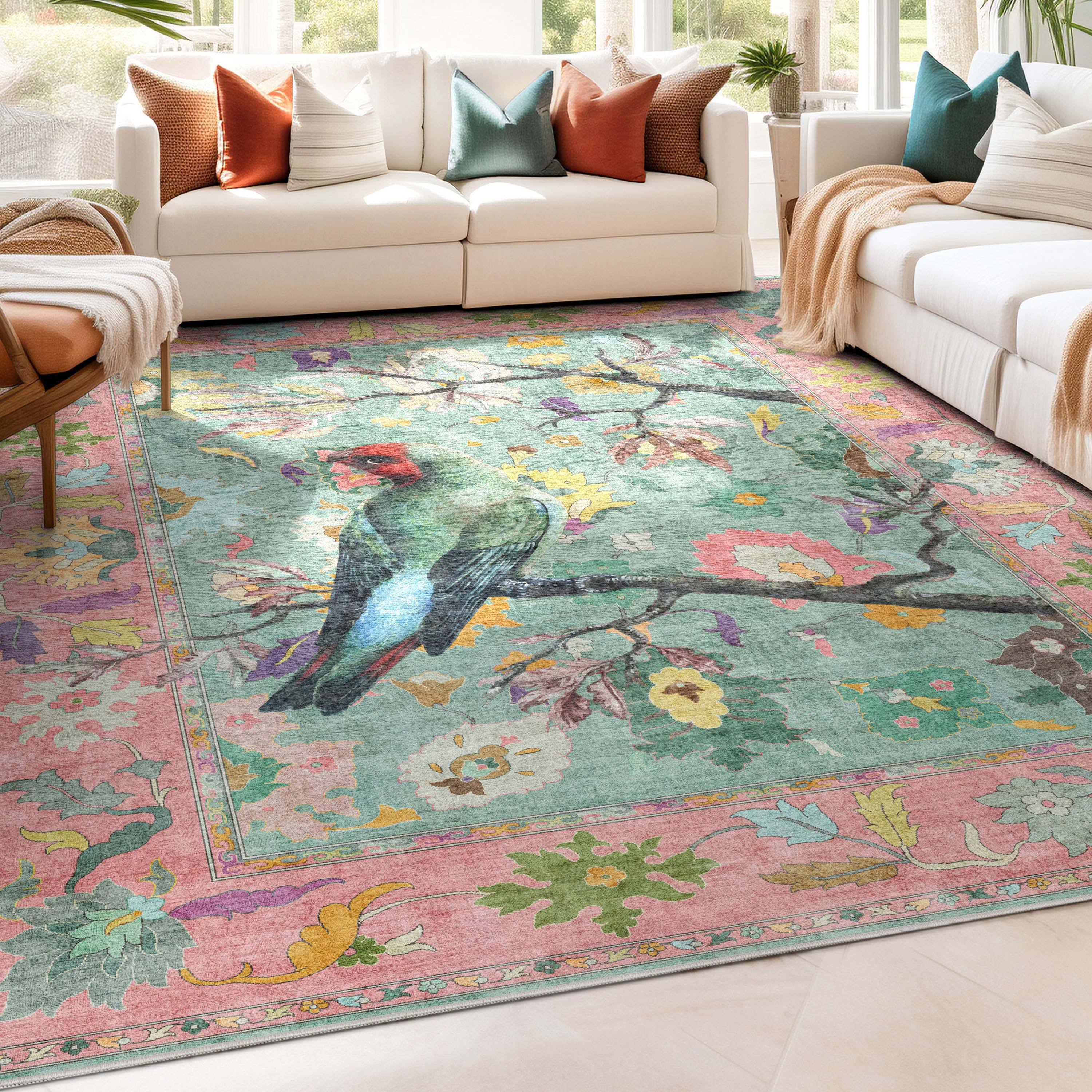 Well Woven Apollo Botanical Floral Flat-Weave Rug for Living Room Dining Room Bedroom Kitchen Birds Green Multi / Rectangular / 5'3