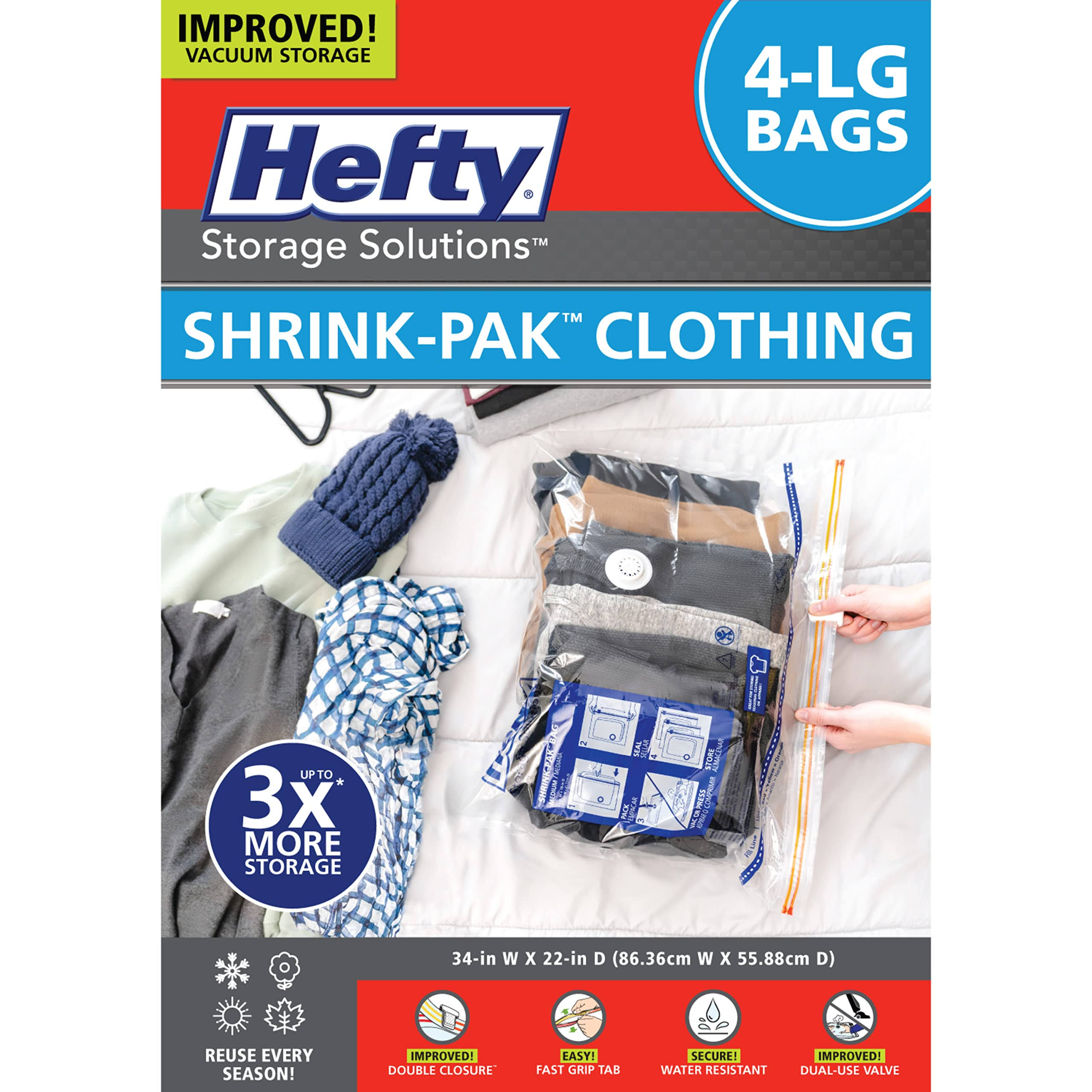 Hefty Shrink-Pak - 4 Large Vacuum Storage Bags for Storage for Clothes, Pillows, Towels, or Blankets - Space Saver Vacuum Sealer Bags Ideal Under
