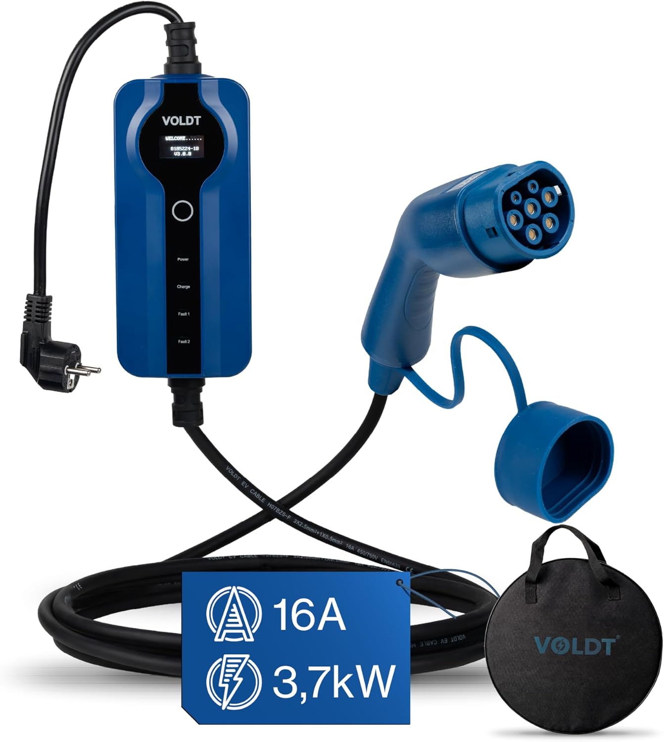 Câble charge EV type 2 Schuko 37 kW monophasé 8A 16A affichage numérique longueur 10 m