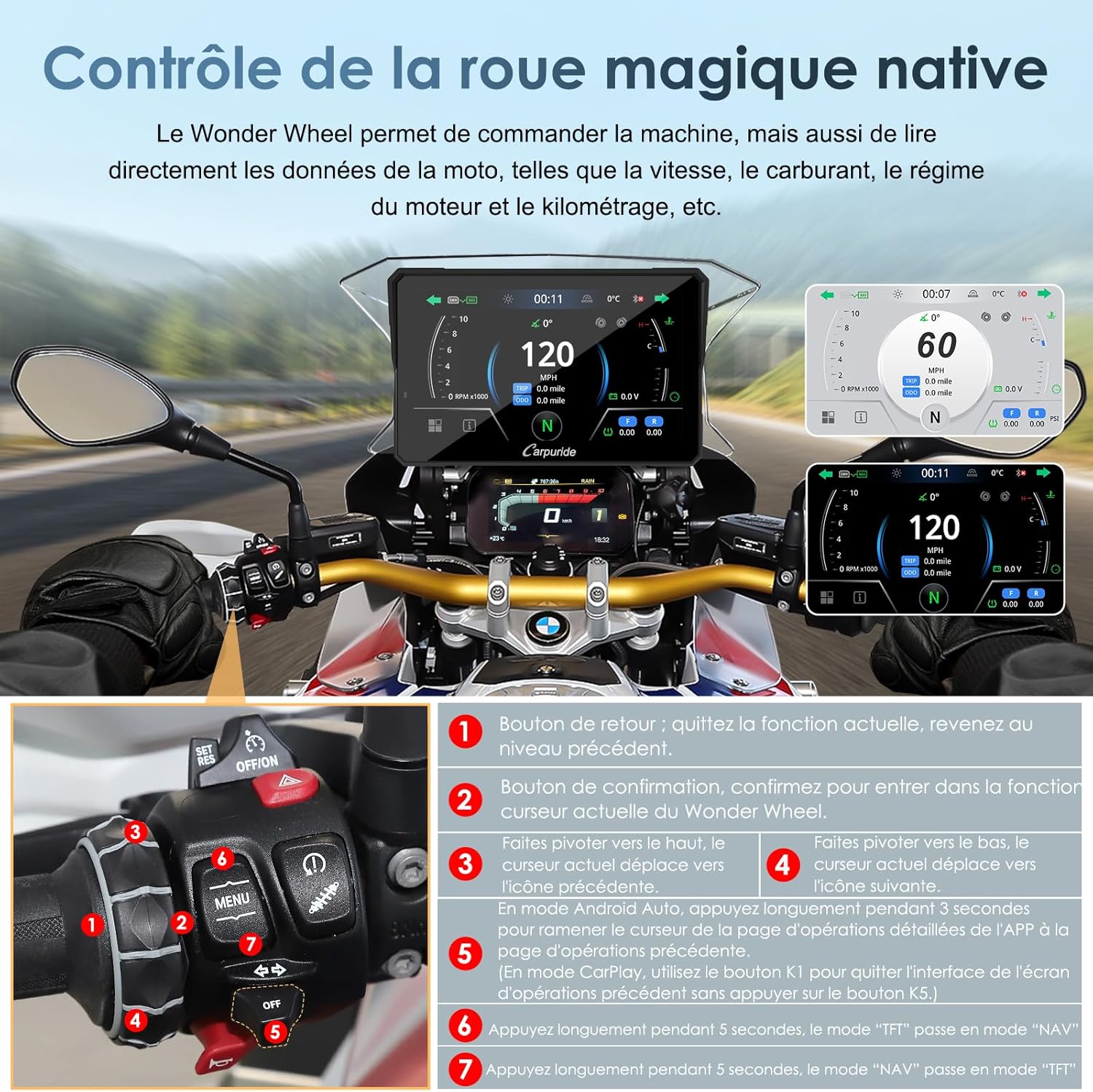 Écran moto CarPlay W702BS Pro 7 pouces étanche tactile double Bluetooth interphone données lecture