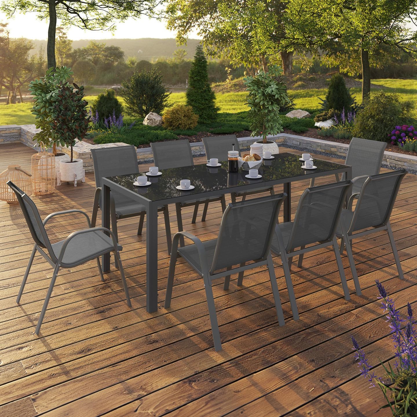 Salon jardin Madrid table 190 cm 8 chaises empilables gris anthracite
