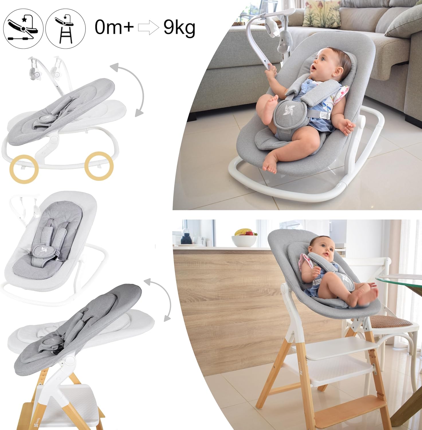 Chaise haute évolutive bébé 5 en 1 bois de hêtre plateau amovible