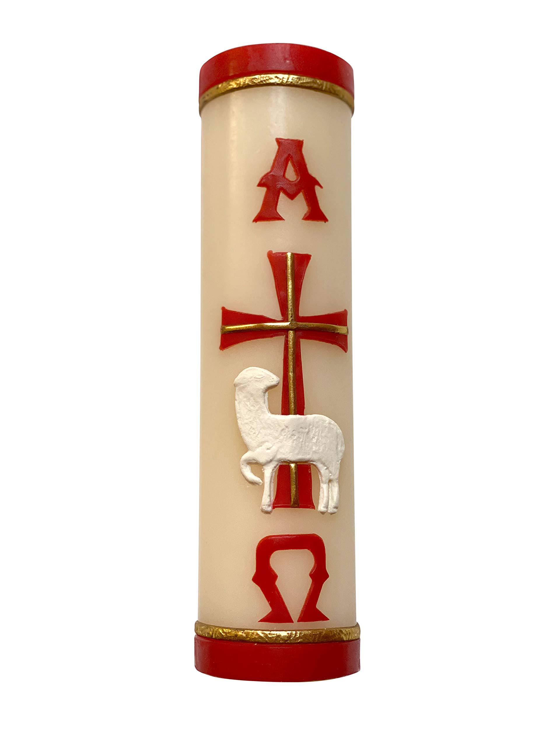 Angelitos de Mexico Handmade Paschal Red Candle Alpha Omega Cross Sheep