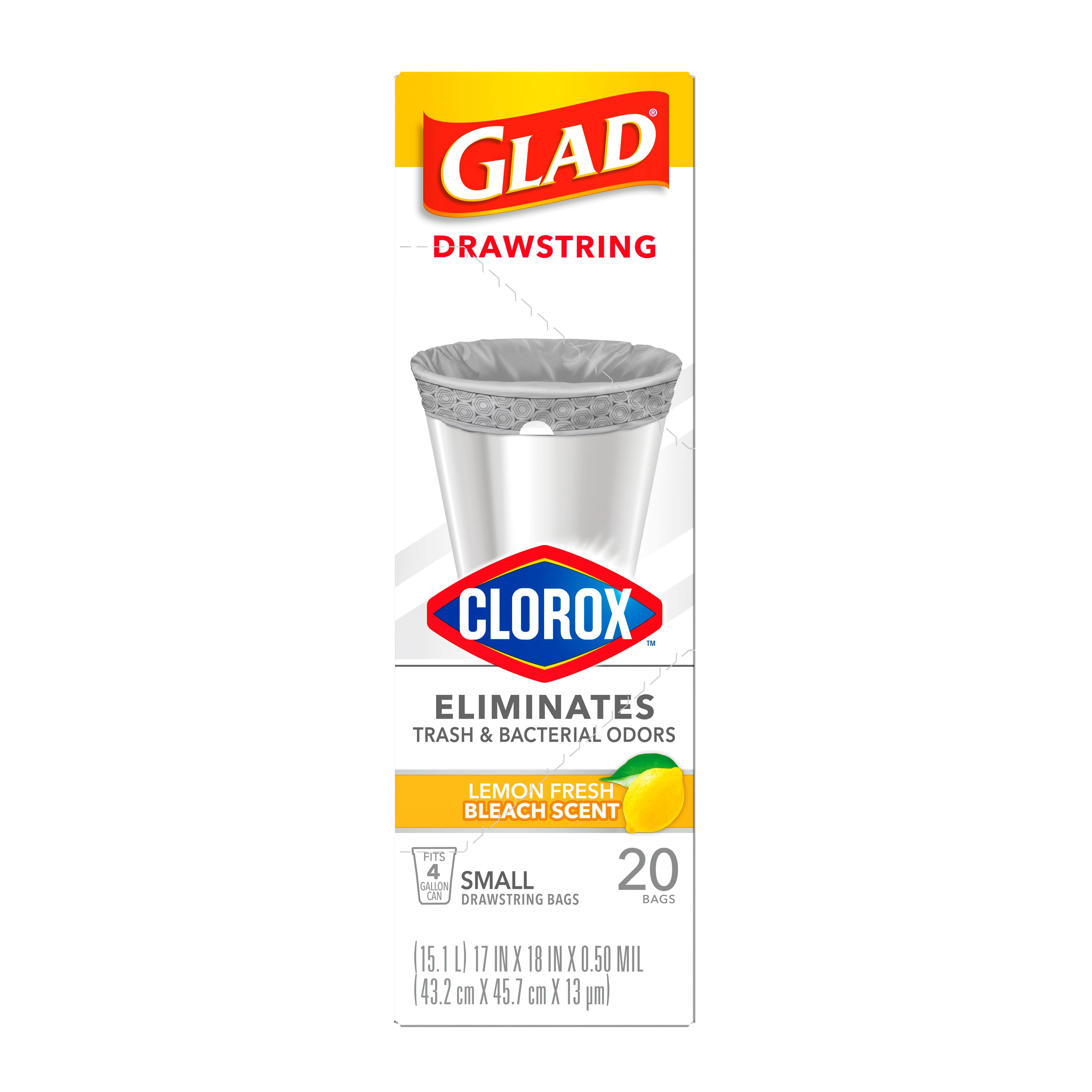 Glad Small Drawstring Trash Bags with Clorox, 4 Gallon, Lemon Fresh Bleach Scent - 20 ct