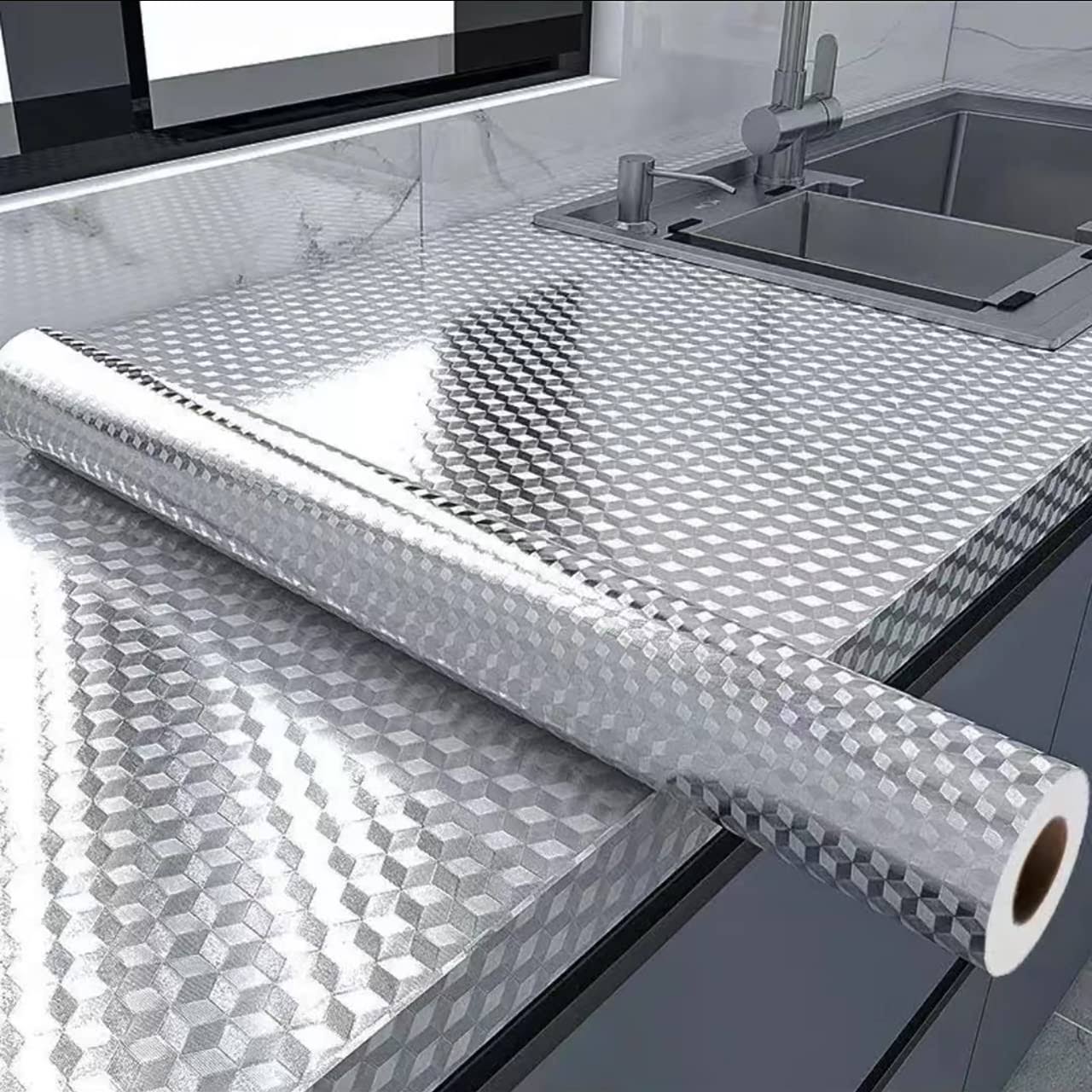 Kitchen Waterproof Oil Proof Aluminum Foil Sticker, Silver Chequer Peel and Stick Wallpaper Removable and Self Adhesive Paper for Kitchen