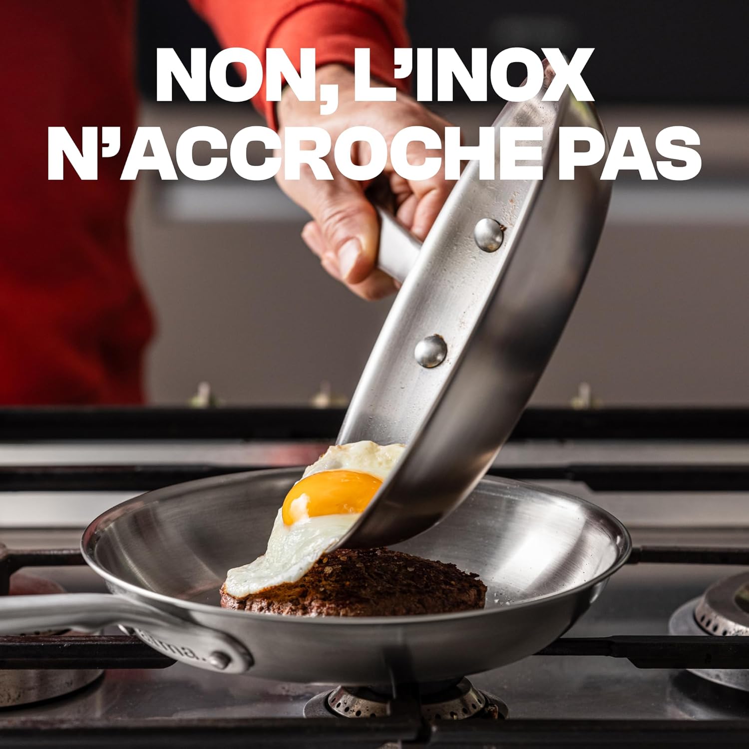 Set 3 poêles inox triple couche 20 26 28 cm manche riveté sans PFAS compatible tous feux four