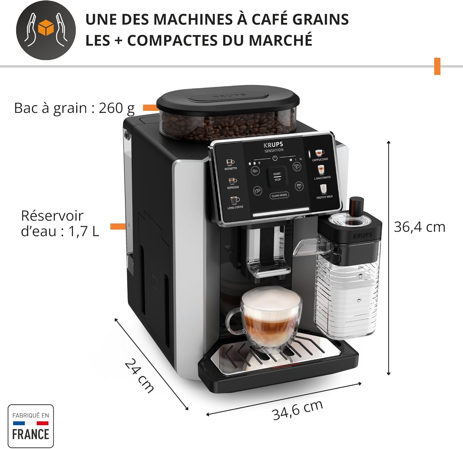 Machine café grains expresso automatique 6 boissons carafe lait interface tactile