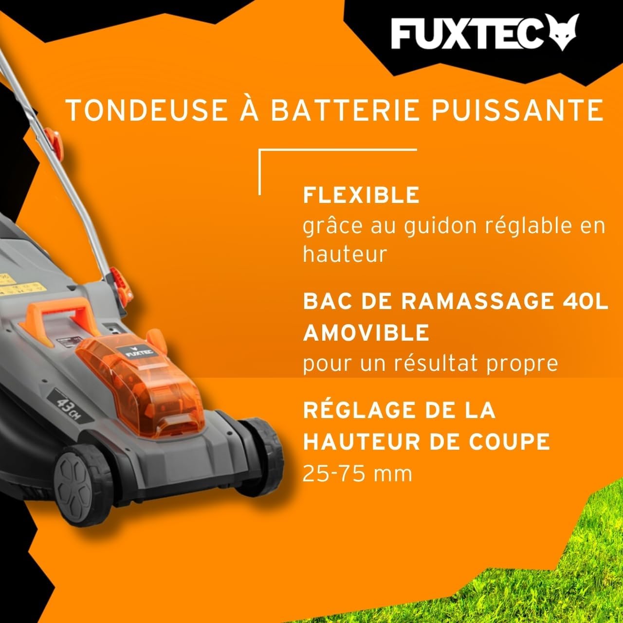 Tondeuse gazon sans fil 40V E2RM43 largeur coupe 43 cm bac 40 L hauteur réglable