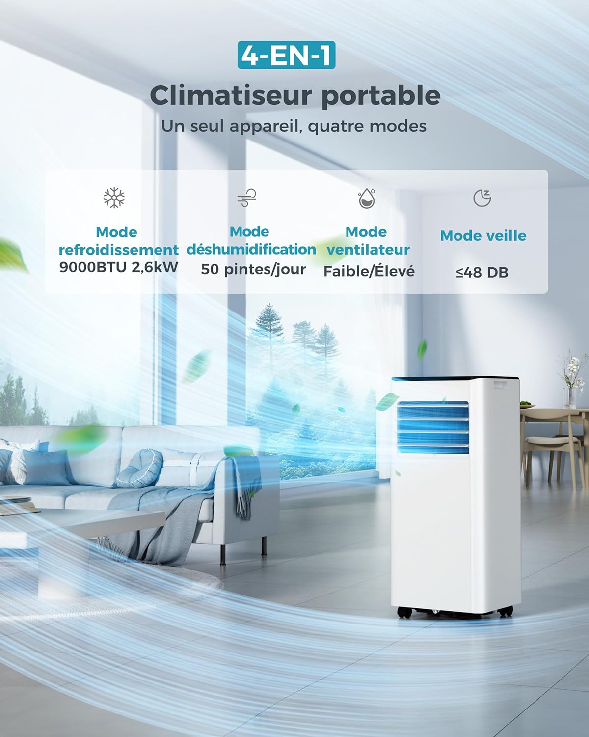 Climatiseur mobile 9000 BTU 26 kW télécommande 4 en 1 silencieux LED minuterie 24h surface 25 m²