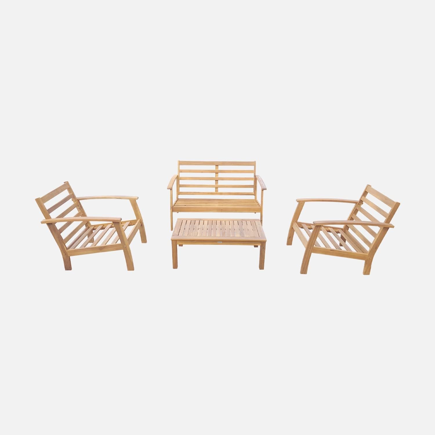 Salon jardin bois 4 places canapé fauteuils table basse acacia coussins vert de gris