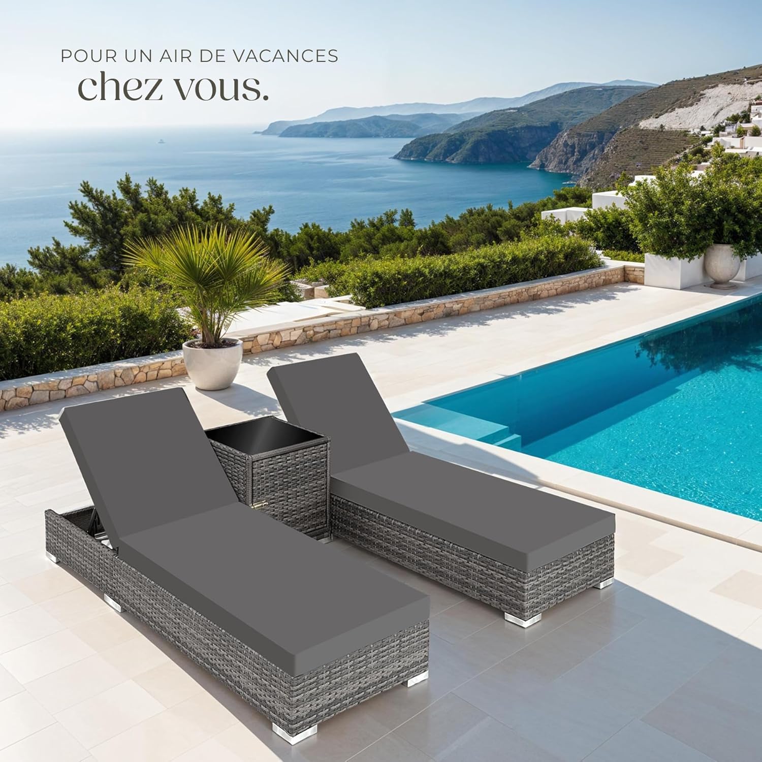 Set 2 chaises longues bain de soleil dossier réglable table aluminium résine tressée housses protection gris