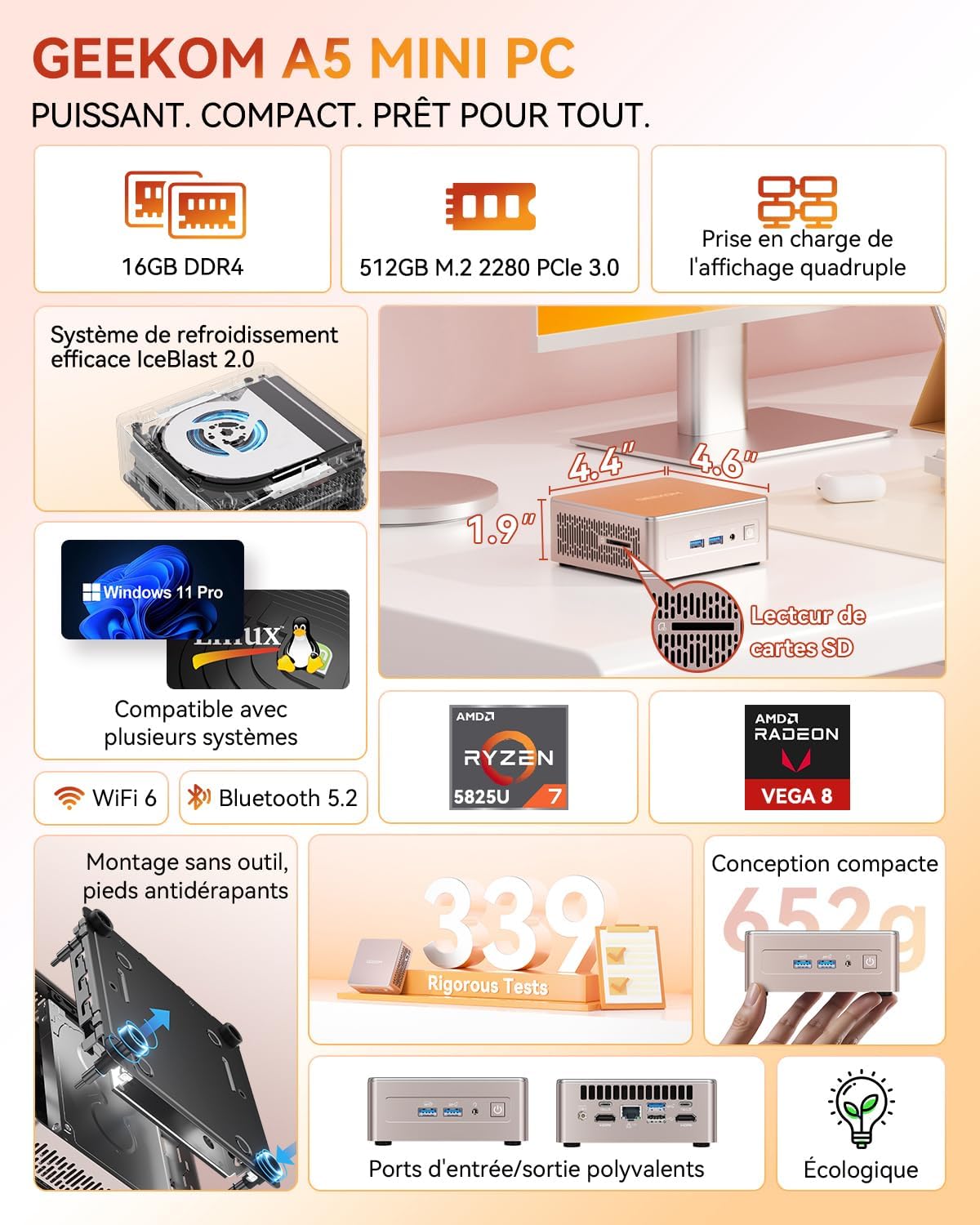 Mini PC A5 Ryzen 7 5825U 16 Go 512 Go SSD Windows 11 Pro WiFi 6 USB C LAN 25G