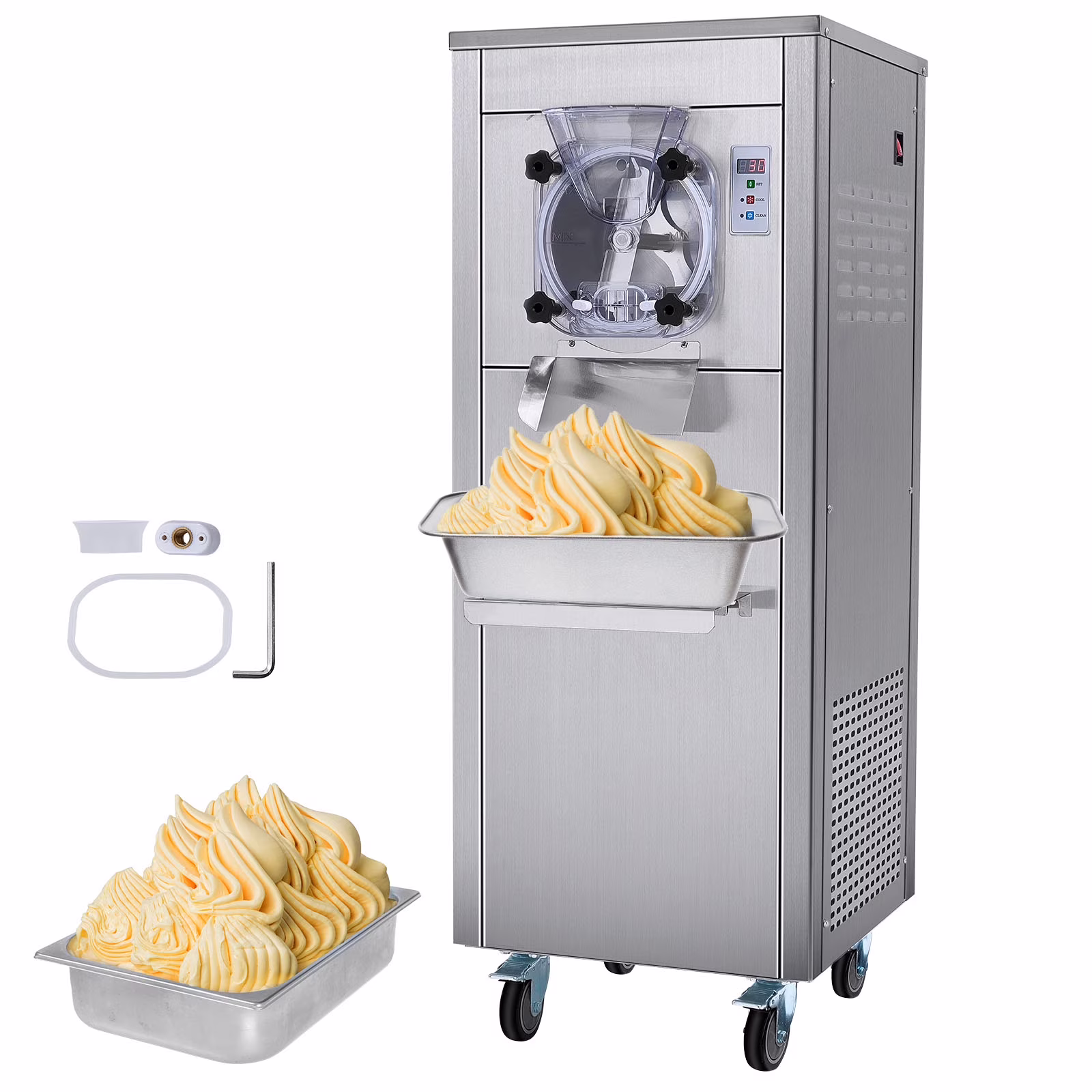 KFFKFF Commercial Ice Cream Machine, 18 L/Hour Output, 1780W, Single Flavor, Mobile with Wheels, 6 L Stainless Steel Cylinder, LED Screen, Auto Clean & Pre - Cool