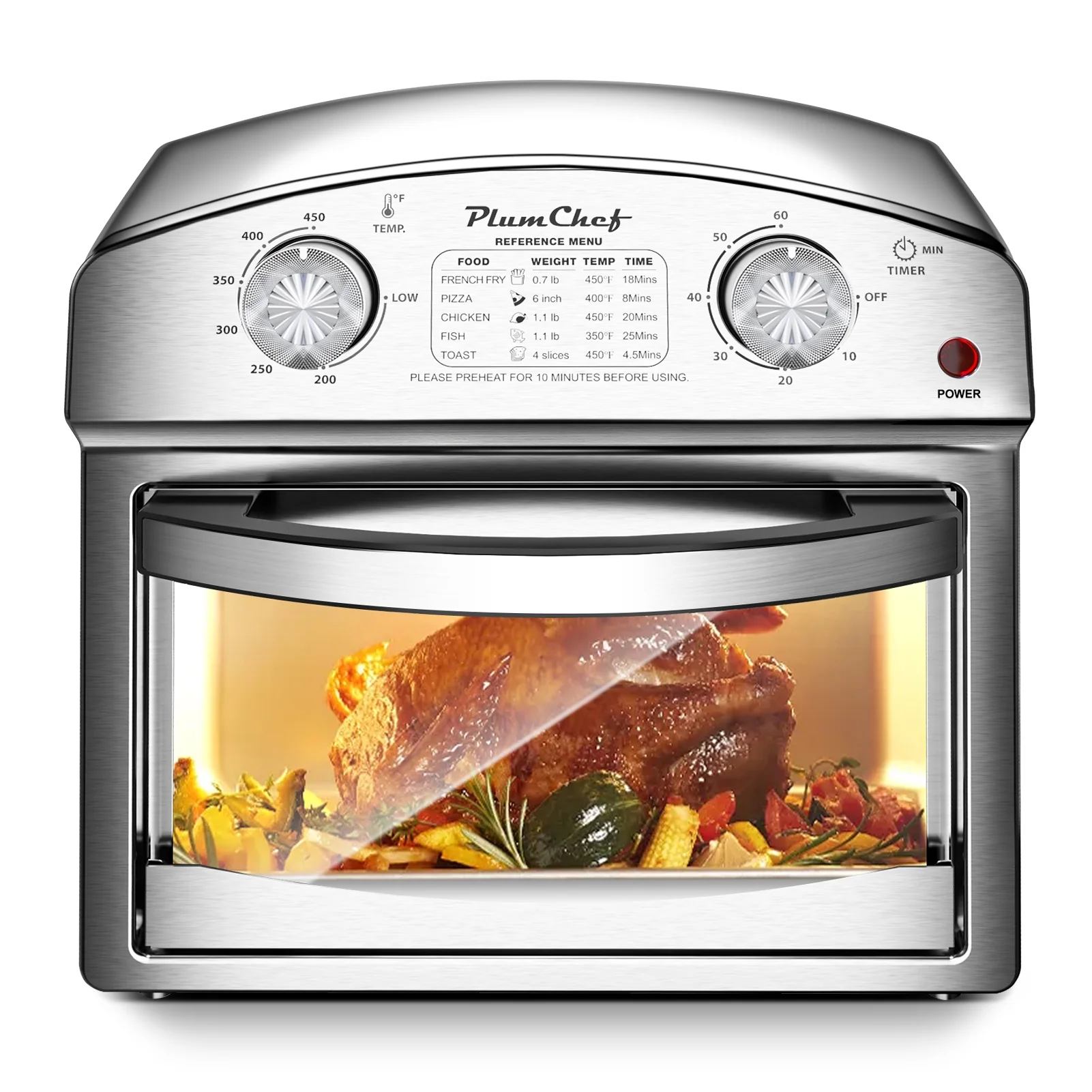 Plumchef 12 Quart 4 Slices Air Fryer Convection Toaster Oven, 1500W, 4 Cooking Modes, 7 in 1 Multifunction with Roast, Bake, Grill, Broil, Toast, Dehydrate, Defrost, Stainless Stee