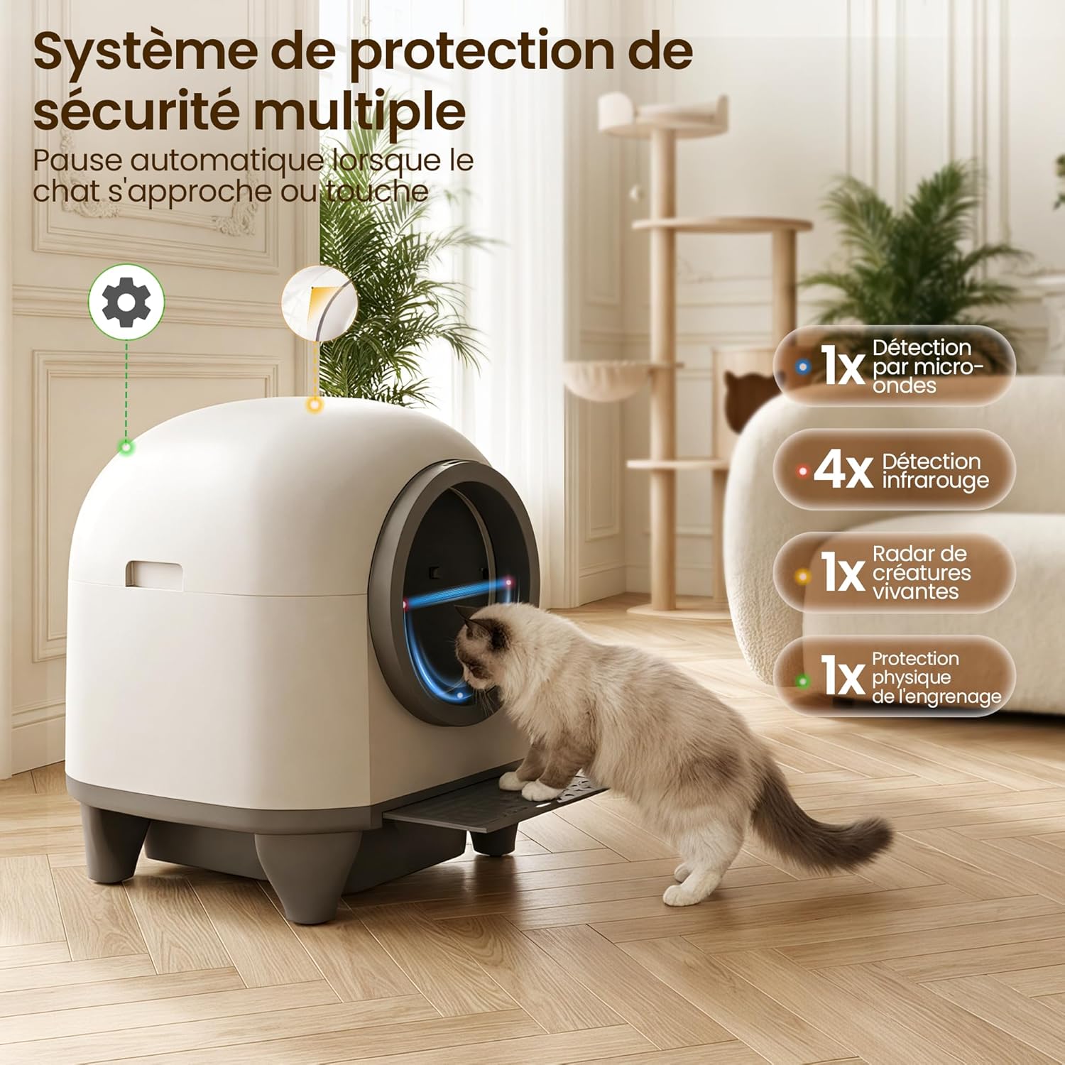Litière chat autonettoyante grande capacité 90 L contrôle app 6 capteurs adaptée grands chats jusqu’à 10 kg