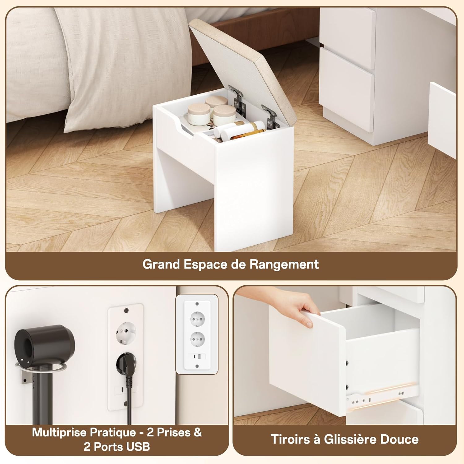 Coiffeuse miroir LED 115 x 60 cm tabouret inclus 7 tiroirs station recharge éclairage réglable blanc