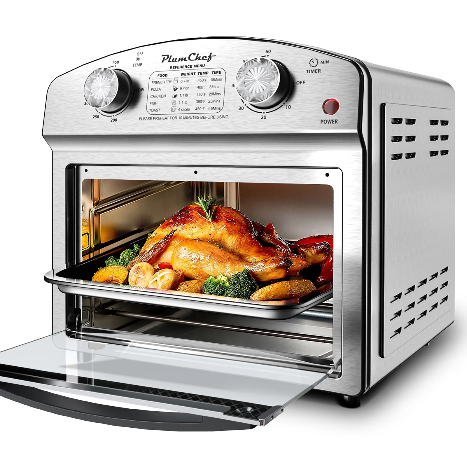 Plumchef 12 Quart 4 Slices Air Fryer Convection Toaster Oven, 1500W, 4 Cooking Modes, 7 in 1 Multifunction with Roast, Bake, Grill, Broil, Toast, Dehydrate, Defrost, Stainless Stee