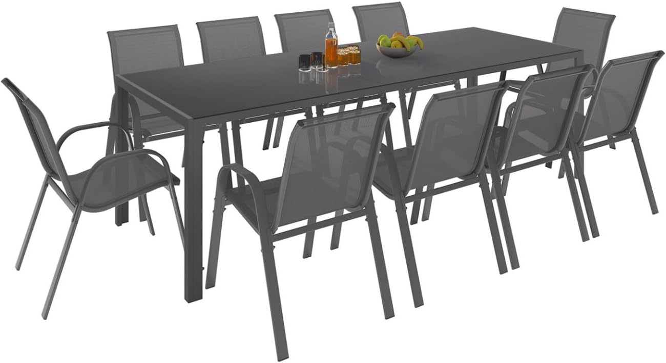 Salon jardin Madrid table 240 cm 10 chaises empilables gris anthracite