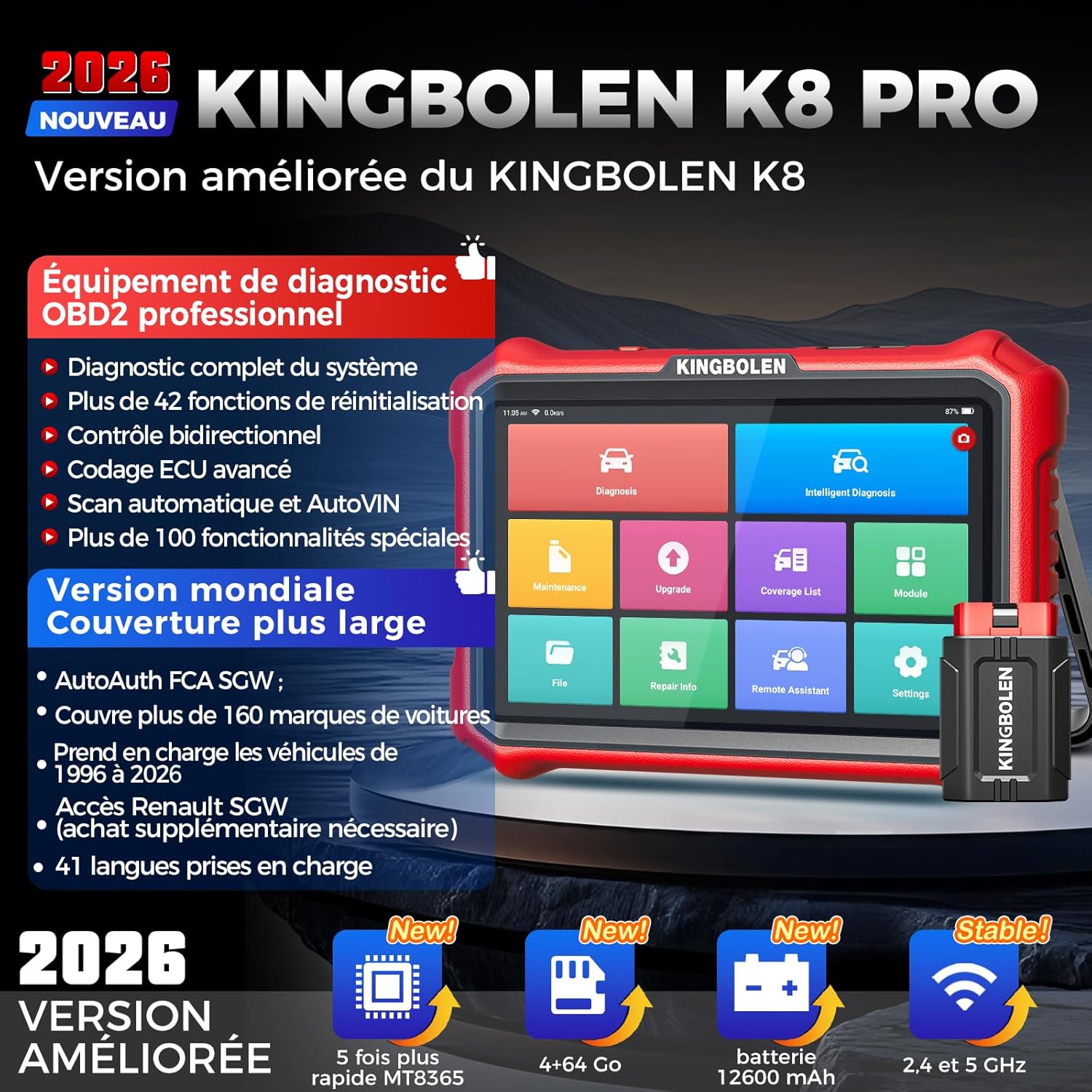 Valise diagnostic auto K8 Pro OBD2 systèmes complets 42 réinitialisations contrôle bidirectionnel CANFD DOIP