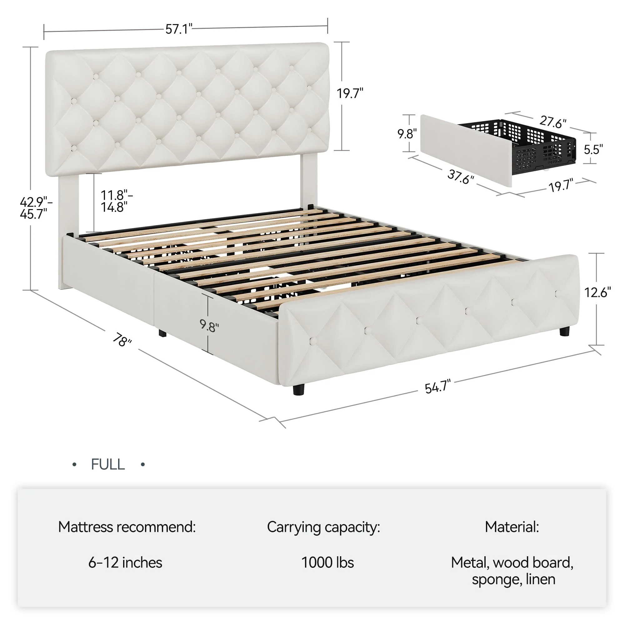 TROPOW Full Size Bed Frame, with 4 Storage Drawers and Adjustable Headboard, Linen Upholstered Platform Bed Frame, Diamond Stitched Button Tufted, No Box Spring Needed, White