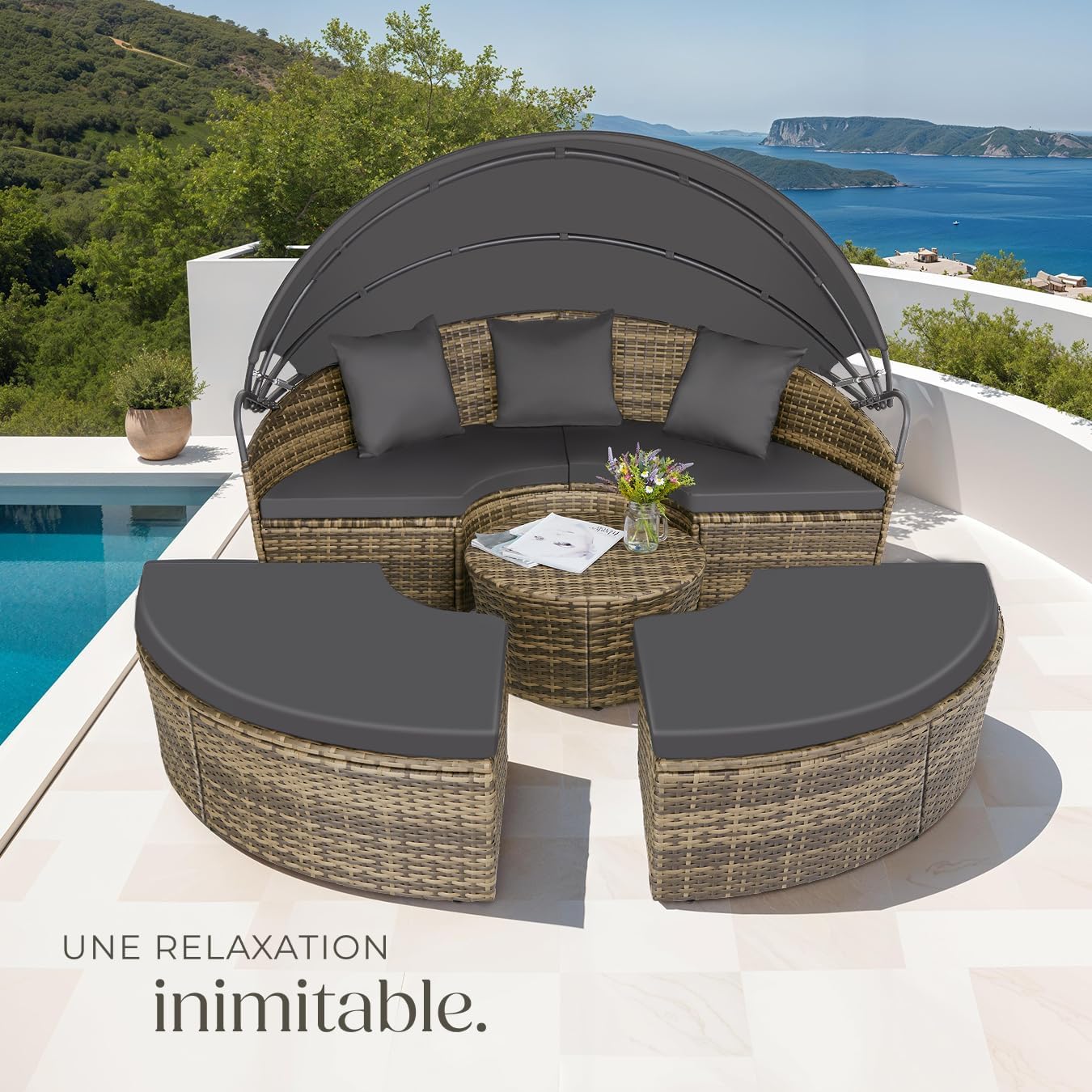 Bain de soleil modulable résine tressée pare soleil pliable coussins inclus