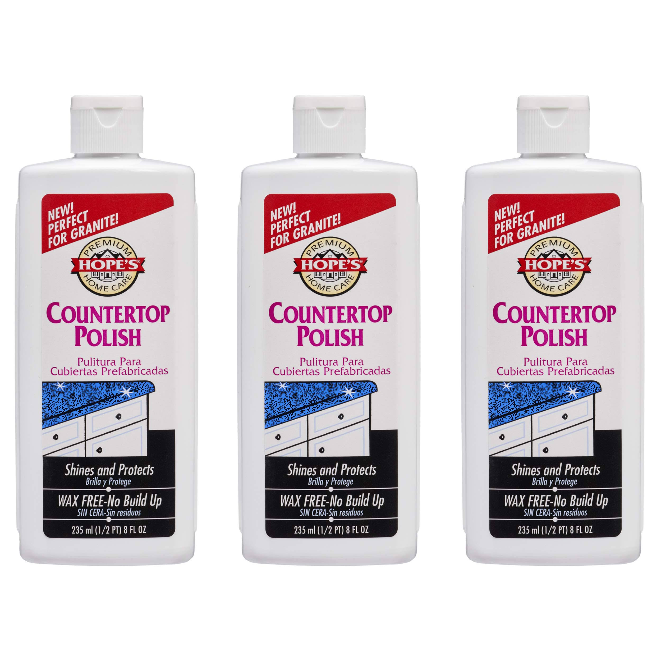 Hope's Premium Home Care Countertop Restoration Polish and Protector Granite, Marble, Concrete, 8 Ounce, 3 Pack, White, 3 Pack