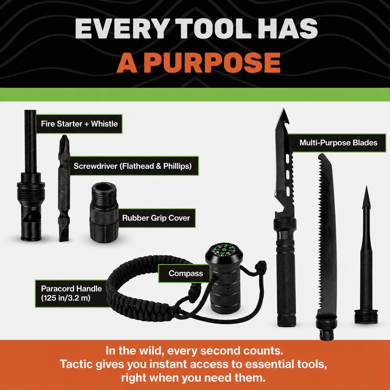 Multifunctional Tactical Hiking Stick - 15-in-1 Survival Multi-Tool for Outdoors