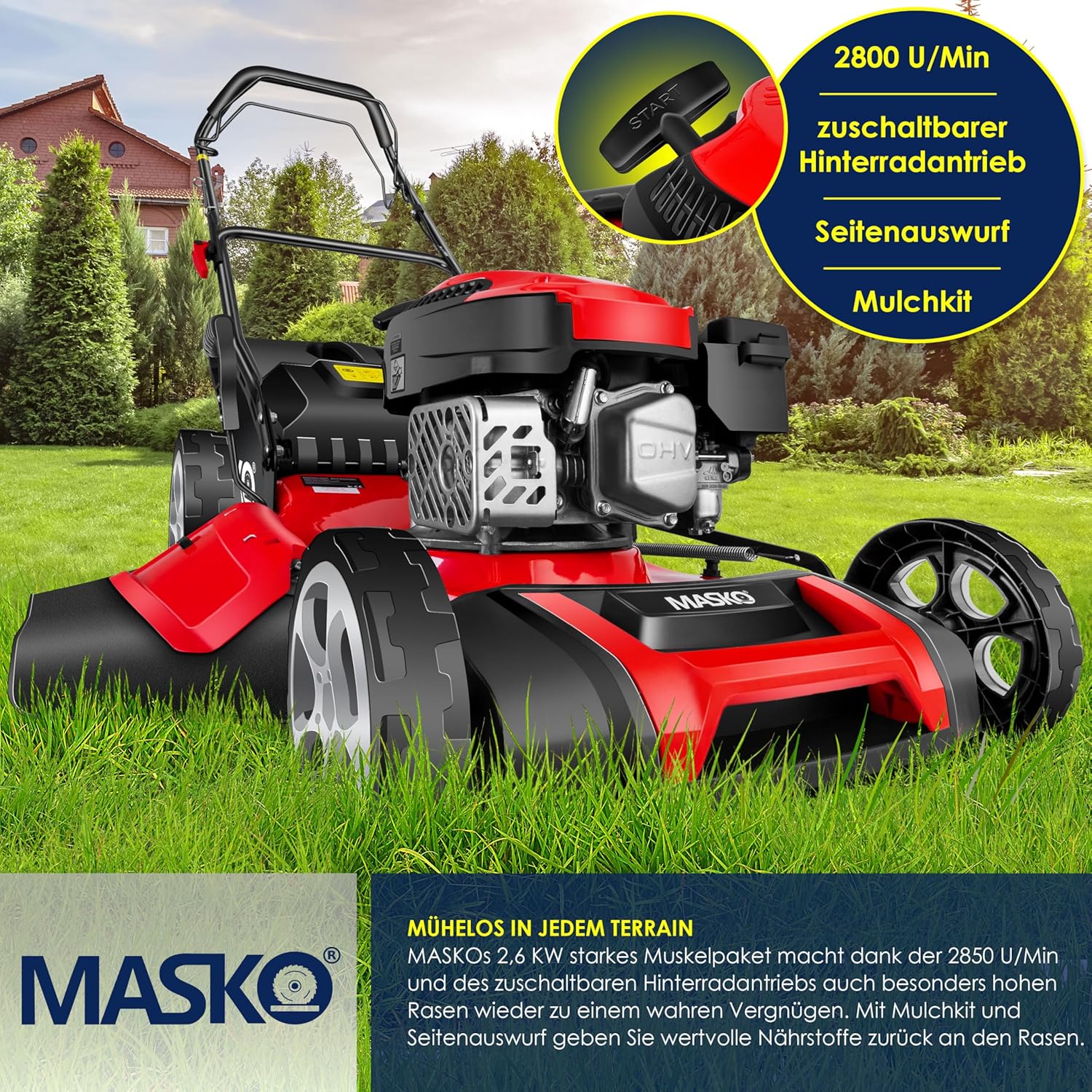 Tondeuse essence 5 en 1 roue motrice largeur coupe 51 cm mulching éjection latérale hauteur réglable