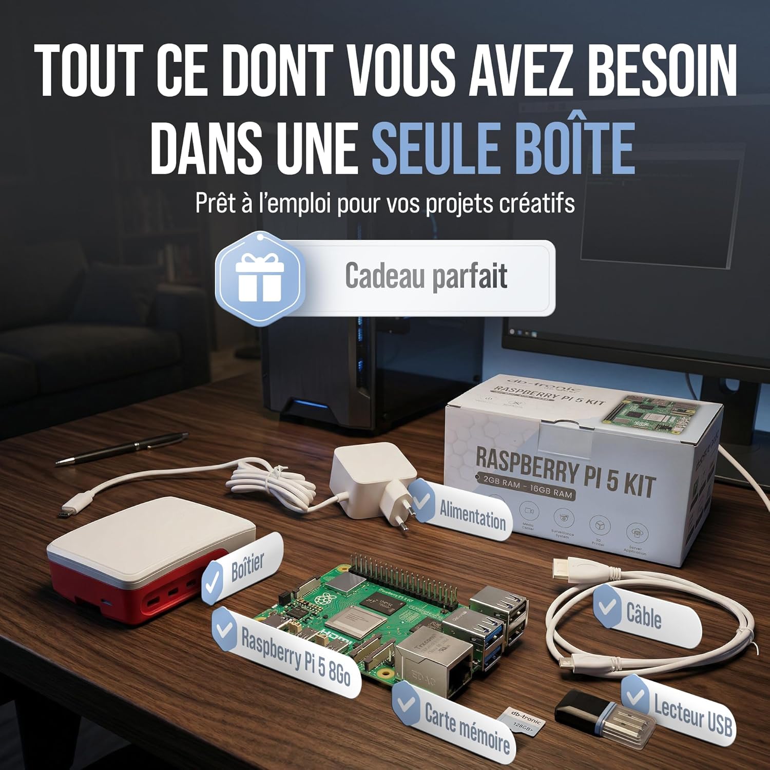 Kit Raspberry Pi 5 8 Go alimentation 27 W boîtier ventilateur HDMI 4K