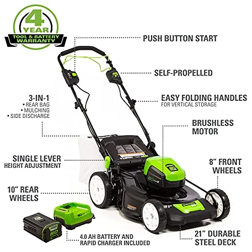 Greenworks Pro 80V 21 - Inch Brushless Self - Propelled Lawn Mower, 4ah Battery Included MO80L410