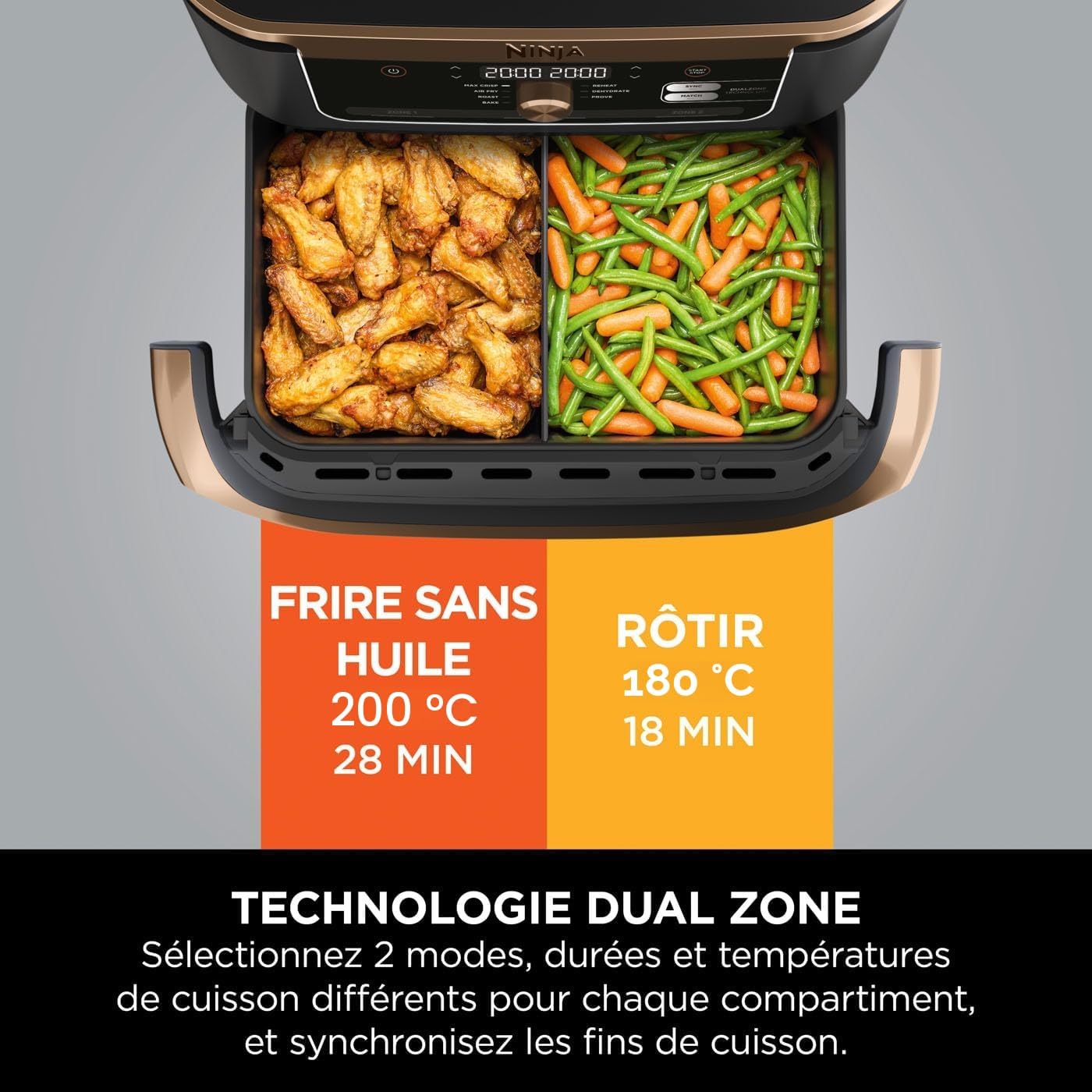 Friteuse air chaud Foodi FlexDrawer 104 L dual zone séparateur amovible 7 en 1 pièces antiadhésives lavables noir cuivre AF500EUCP