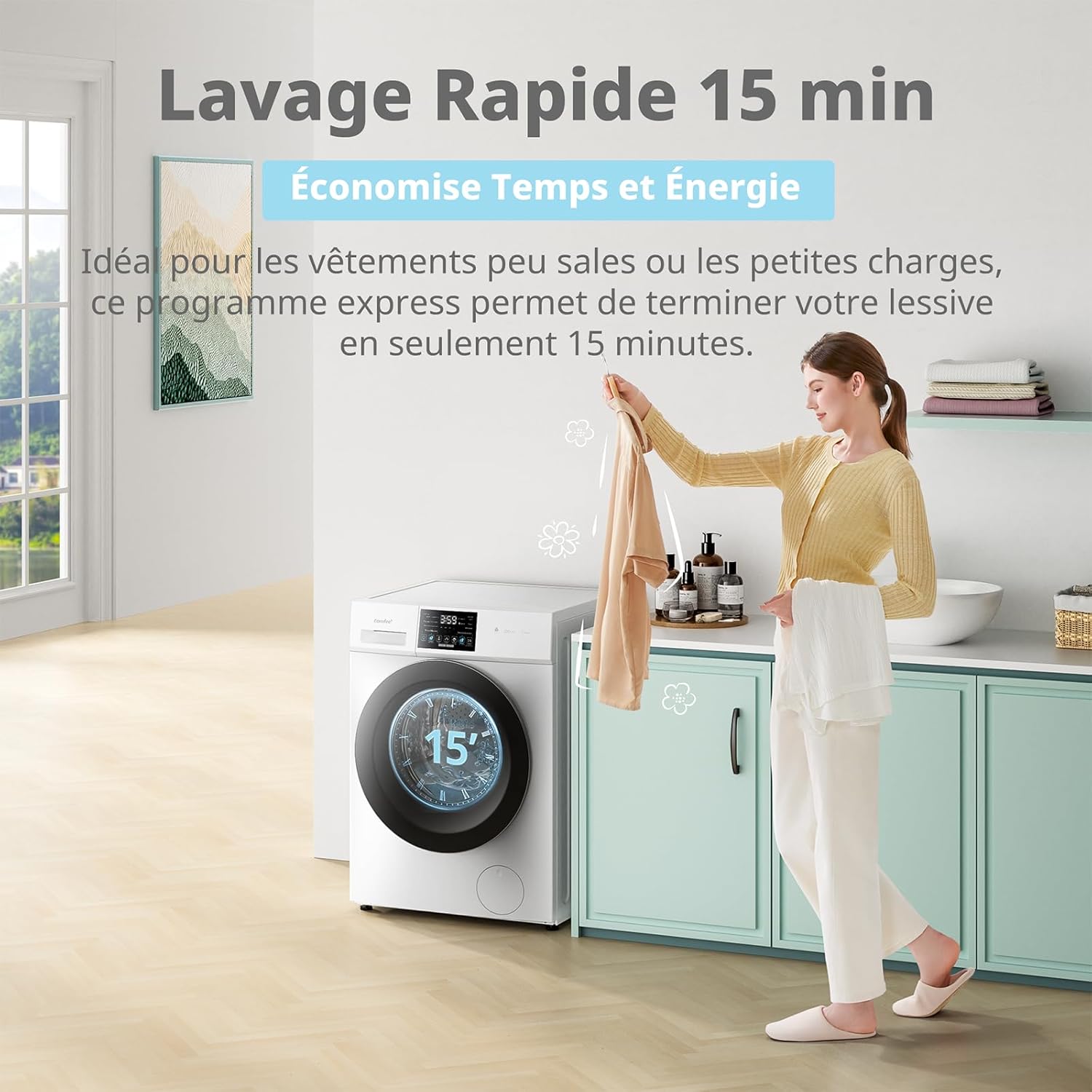 Lave linge autonome CFP03EW100W-FR 10 kg classe A-10% soin vapeur moteur BLDC Woolmark panneau tactile blanc