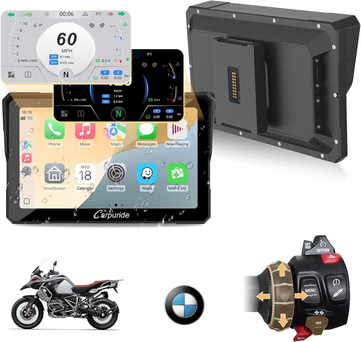 Écran moto CarPlay W702BS Pro 7 pouces étanche tactile double Bluetooth interphone données lecture